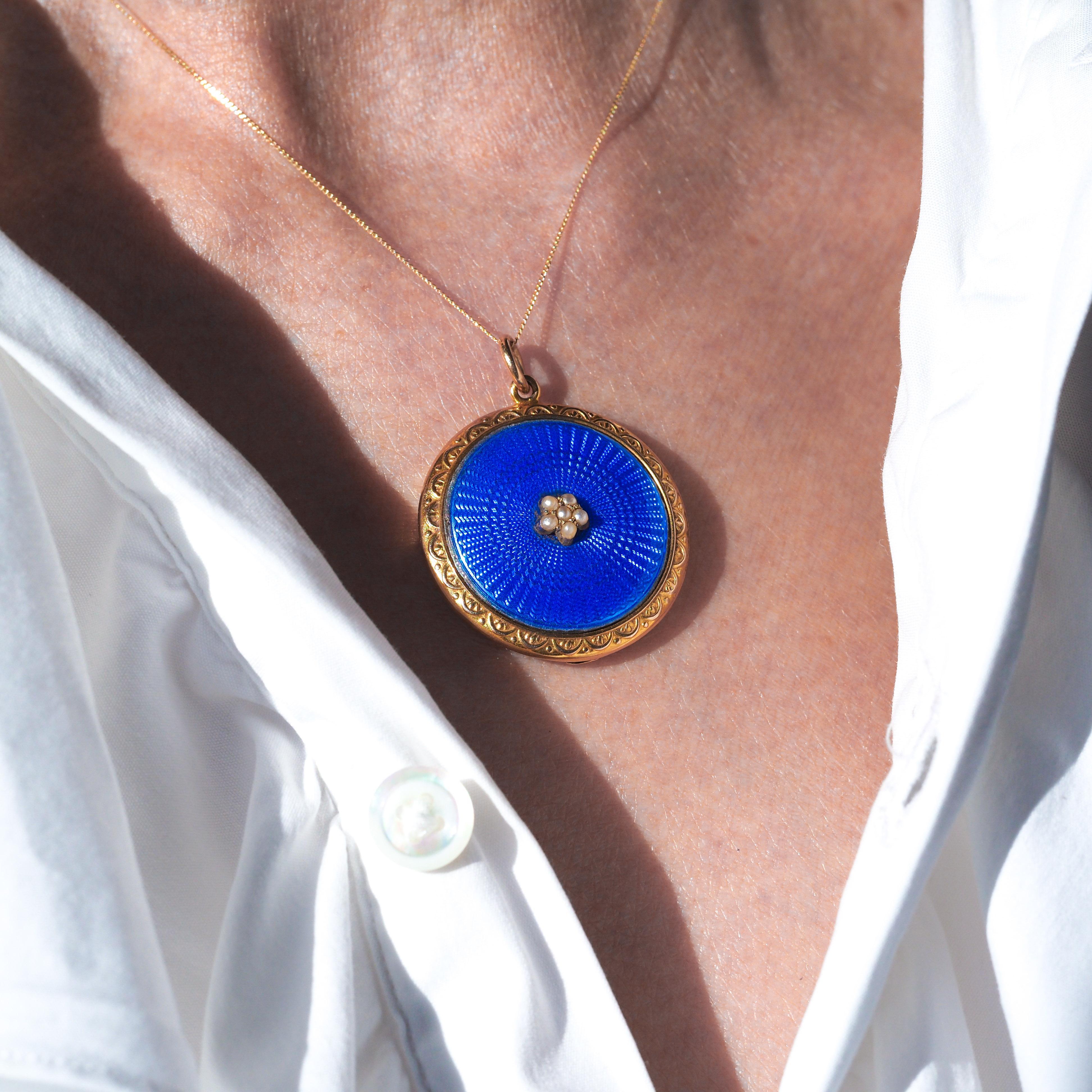 Round Cut Antique 9K Gold Blue Enamel Pendant Necklace Locket with Seed Pearls c.1900