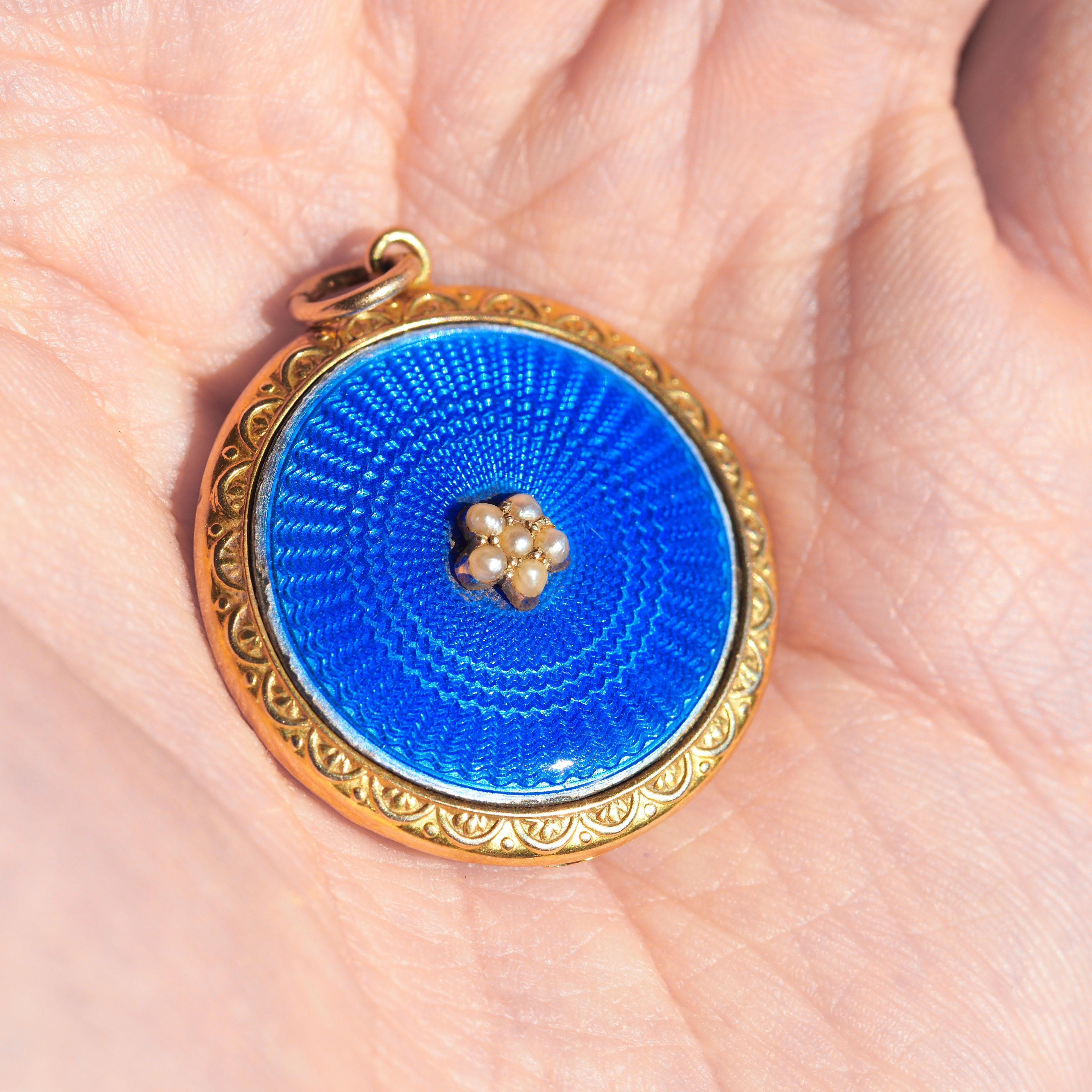 Antique 9K Gold Blue Enamel Pendant Necklace Locket with Seed Pearls c.1900 In Good Condition In London, GB