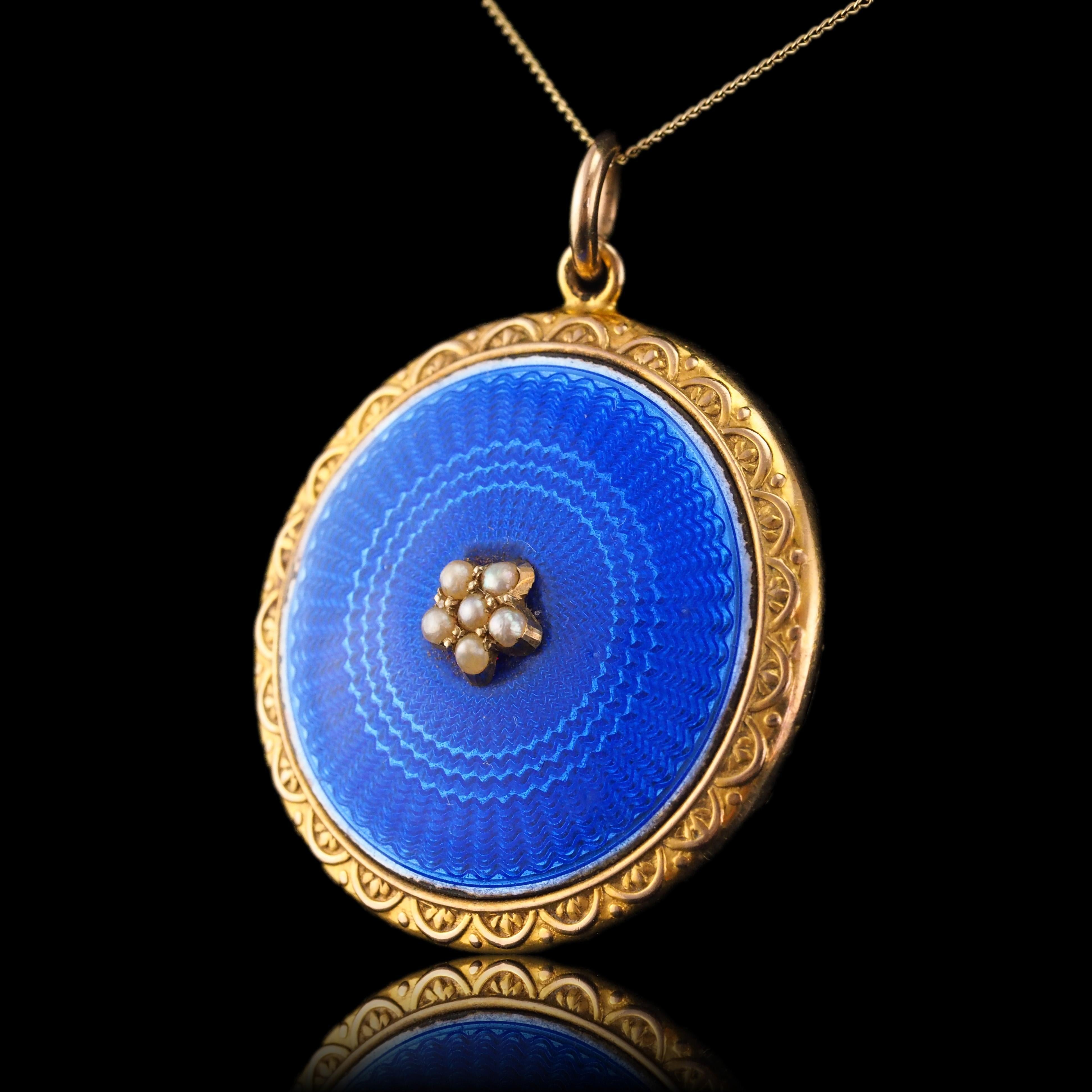 Women's Antique 9K Gold Blue Enamel Pendant Necklace Locket with Seed Pearls c.1900
