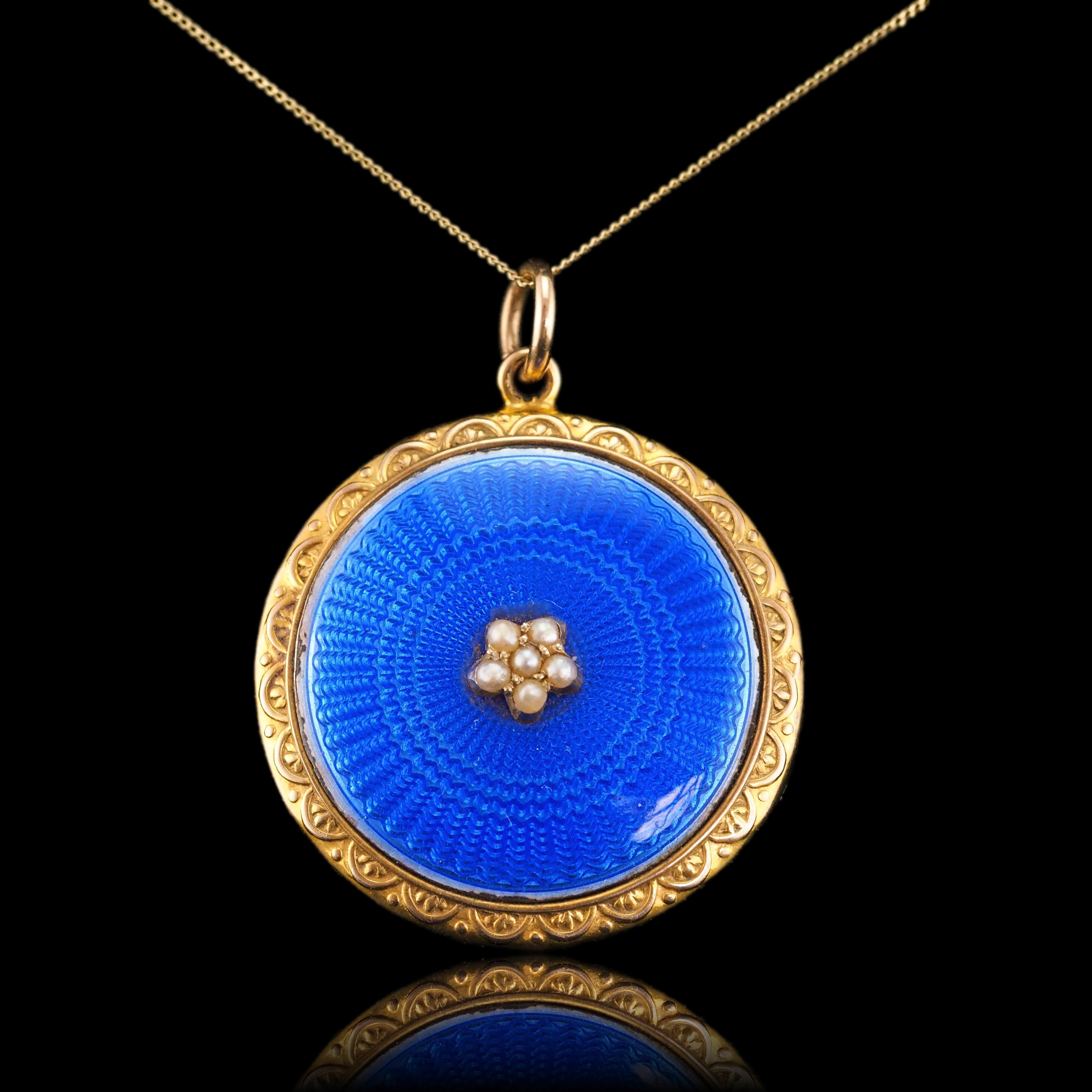 Antique 9K Gold Blue Enamel Pendant Necklace Locket with Seed Pearls c.1900 1