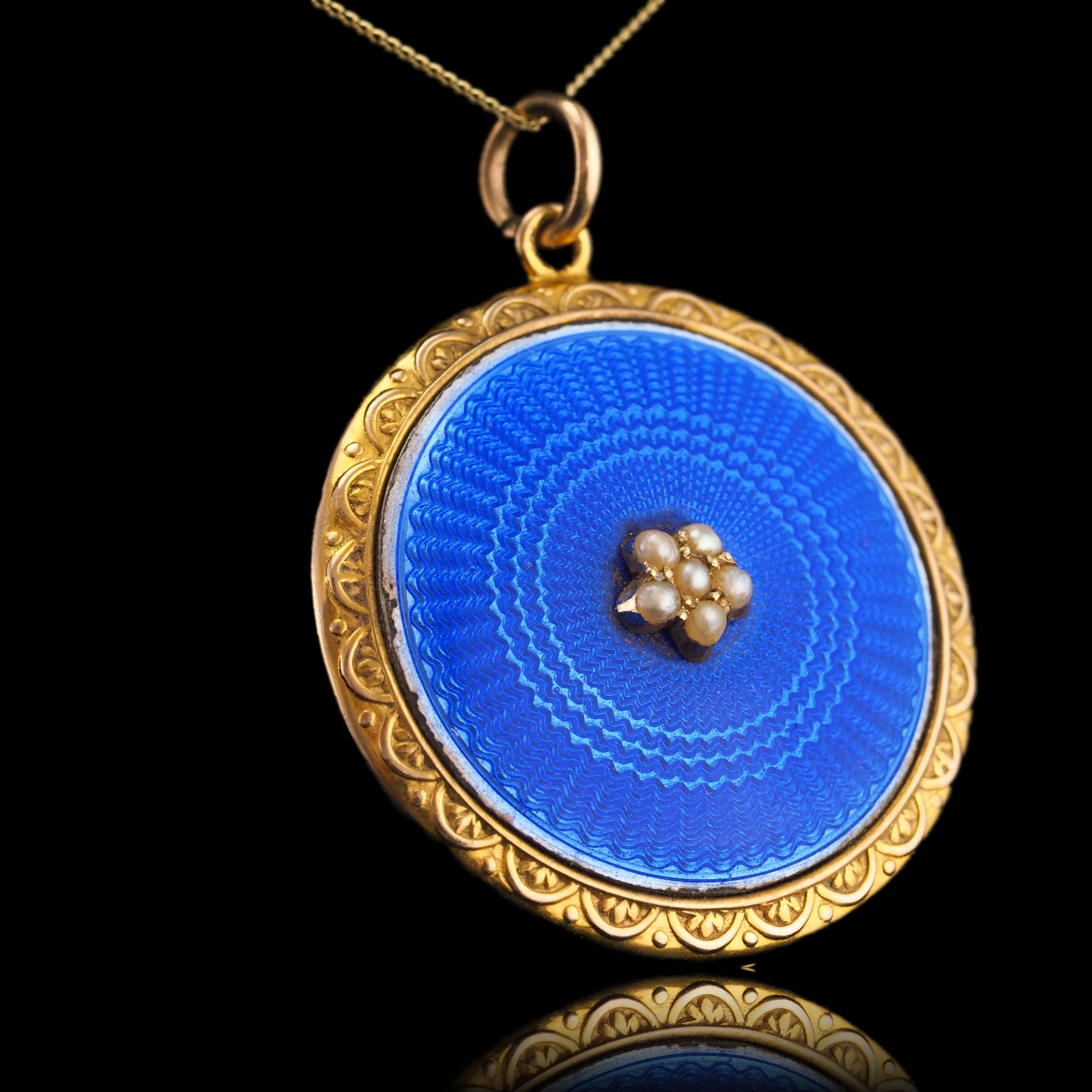 Antique 9K Gold Blue Enamel Pendant Necklace Locket with Seed Pearls c.1900 3