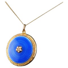 Antique 9K Gold Blue Enamel Pendant Necklace Locket with Seed Pearls c.1900