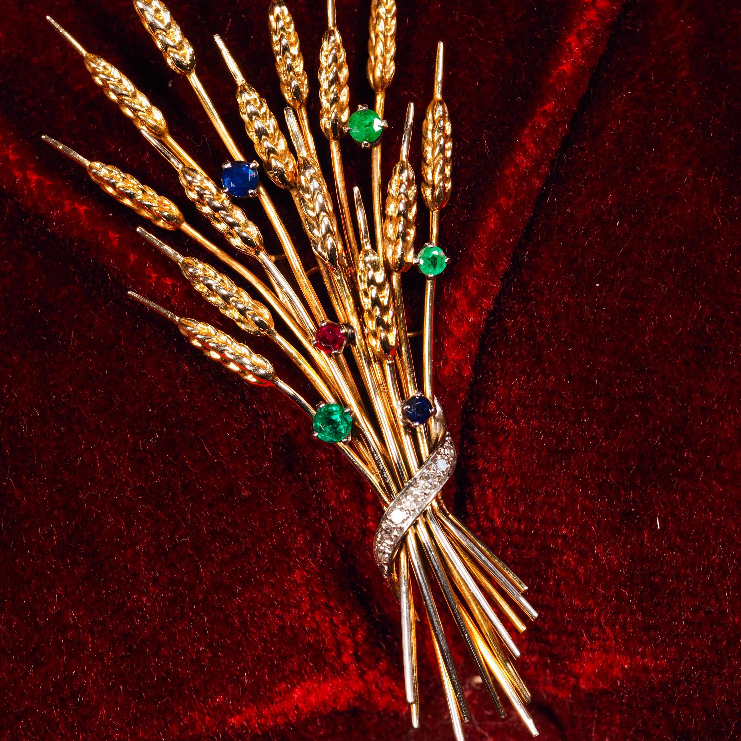 Antike 9 Karat Gold Brosche Ernte Weizen mit Smaragden, Saphiren, Diamanten und Rubinen 7