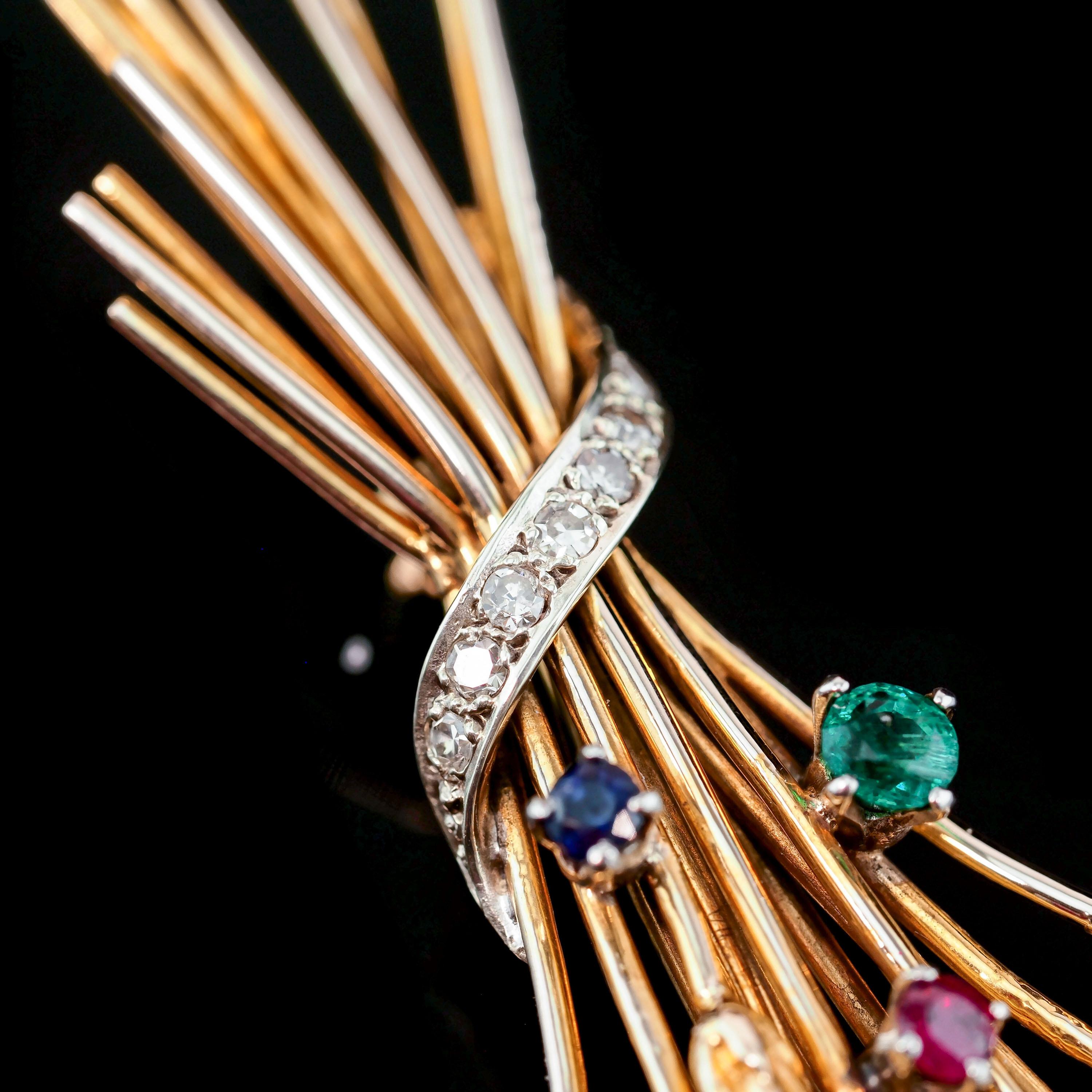 Antike 9 Karat Gold Brosche Ernte Weizen mit Smaragden, Saphiren, Diamanten und Rubinen 13