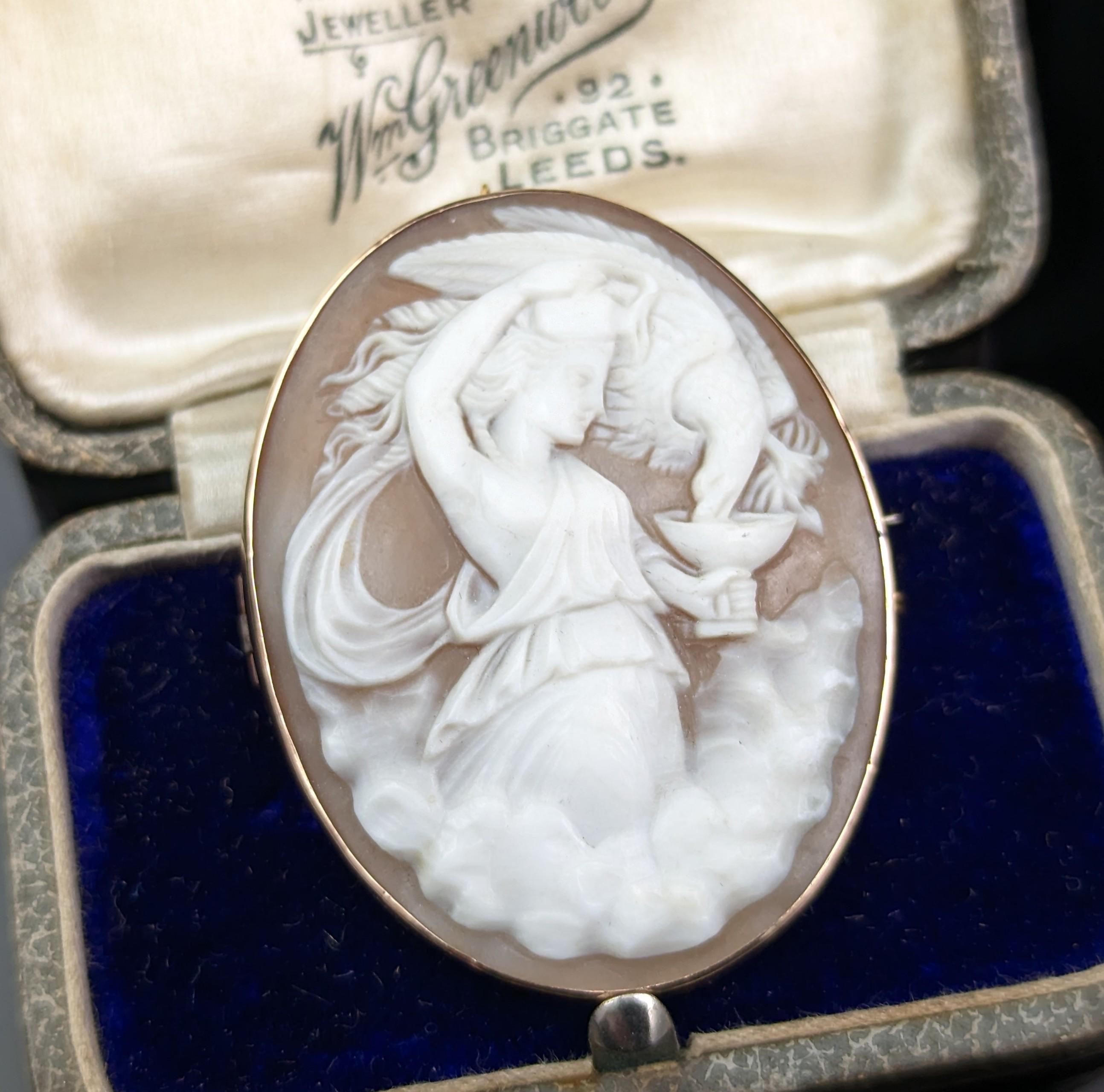 This fine and attractive antique Victorian era 9kt gold cameo brooch is really second to none in its detail and design.

A very finely carved bullmouth shell cameo depicting Hebe feeding nectar to Zeus as the eagle, housed in a smooth and rich 9kt