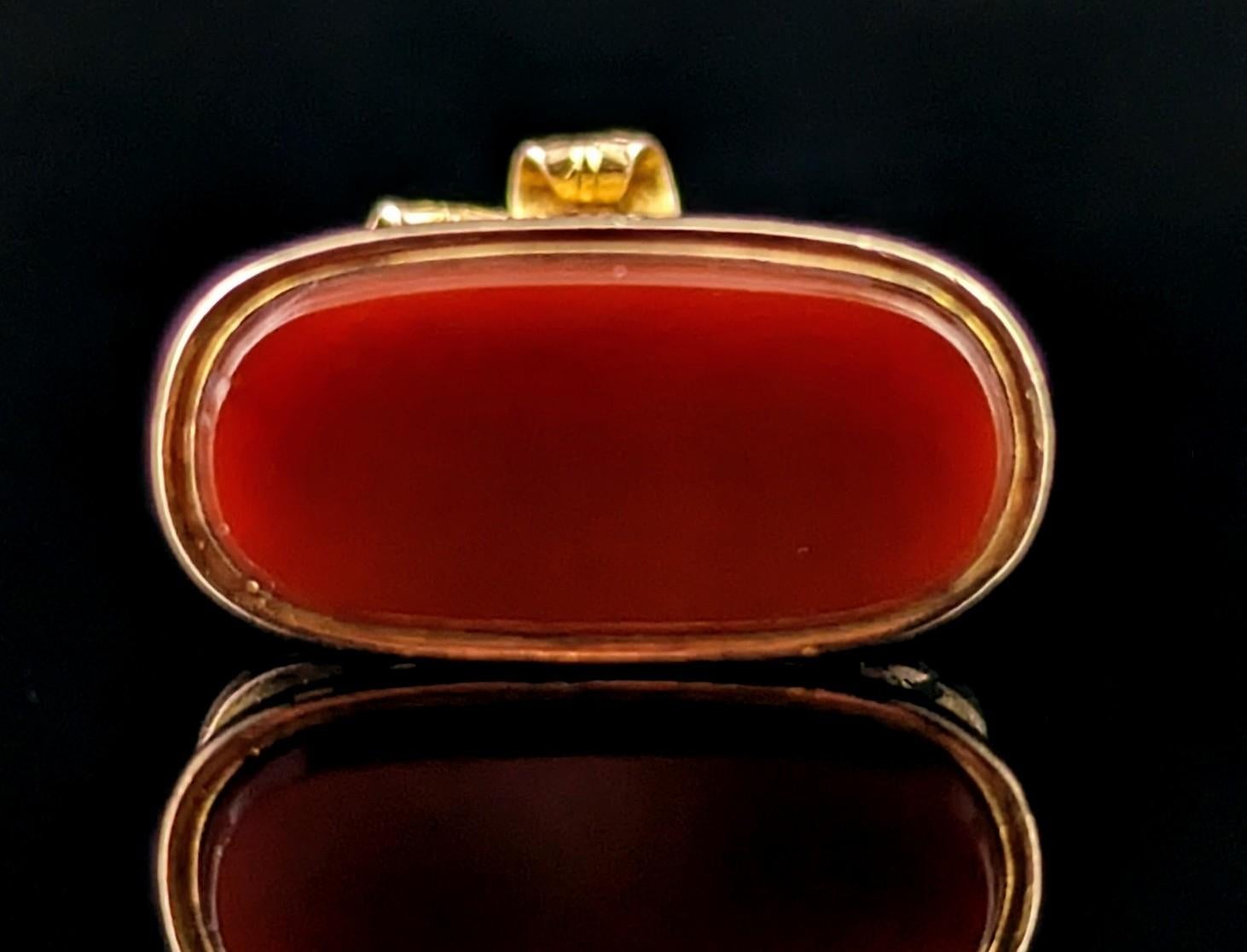 Victorian Antique 9k gold Carnelian seal fob pendant, Prince of Wales feathers 