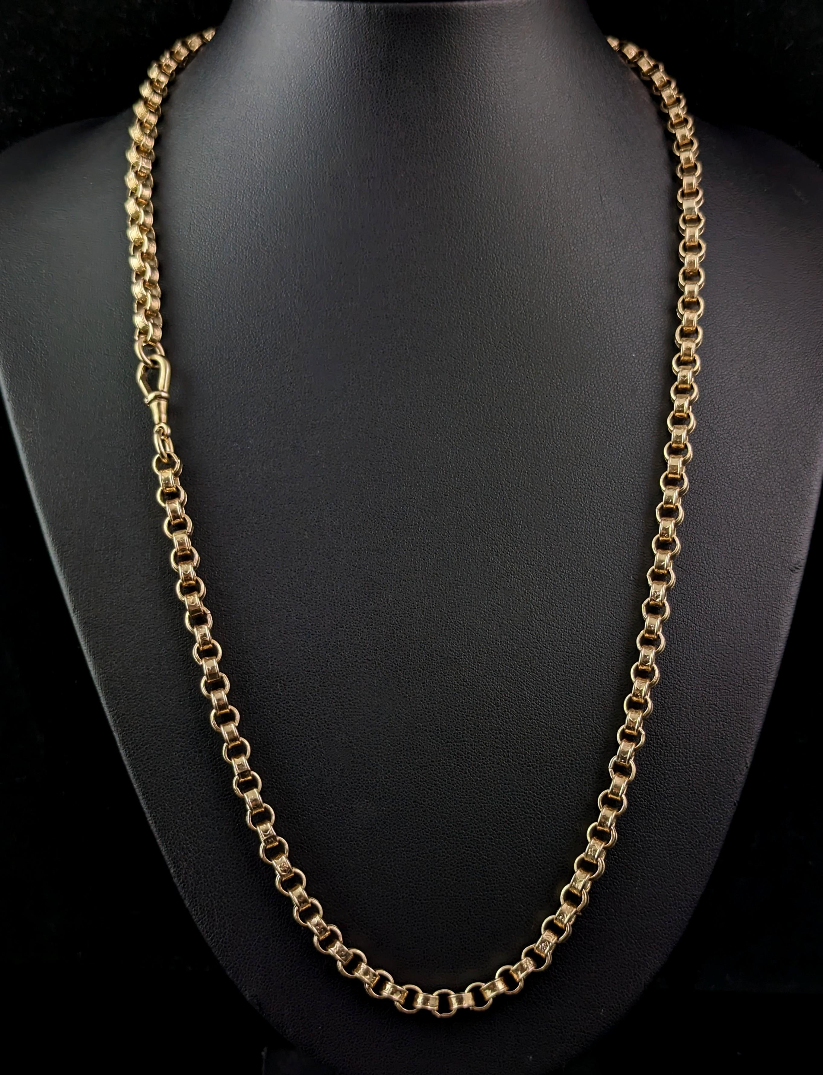 Antique 9k gold chunky rolo link chain necklace, Victorian, Forget me not  For Sale 1