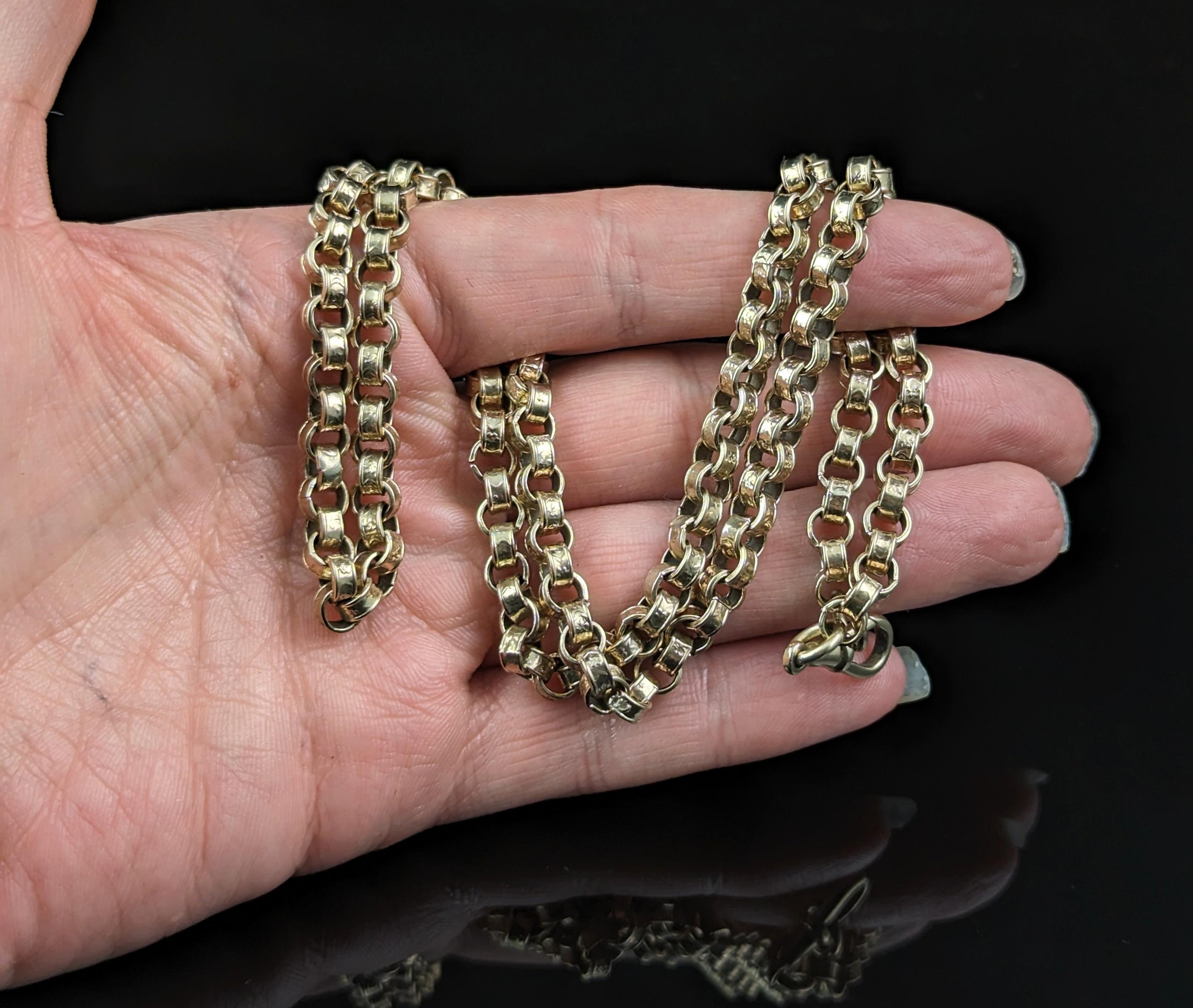 Antique 9k gold chunky rolo link chain necklace, Victorian, Forget me not  For Sale 2