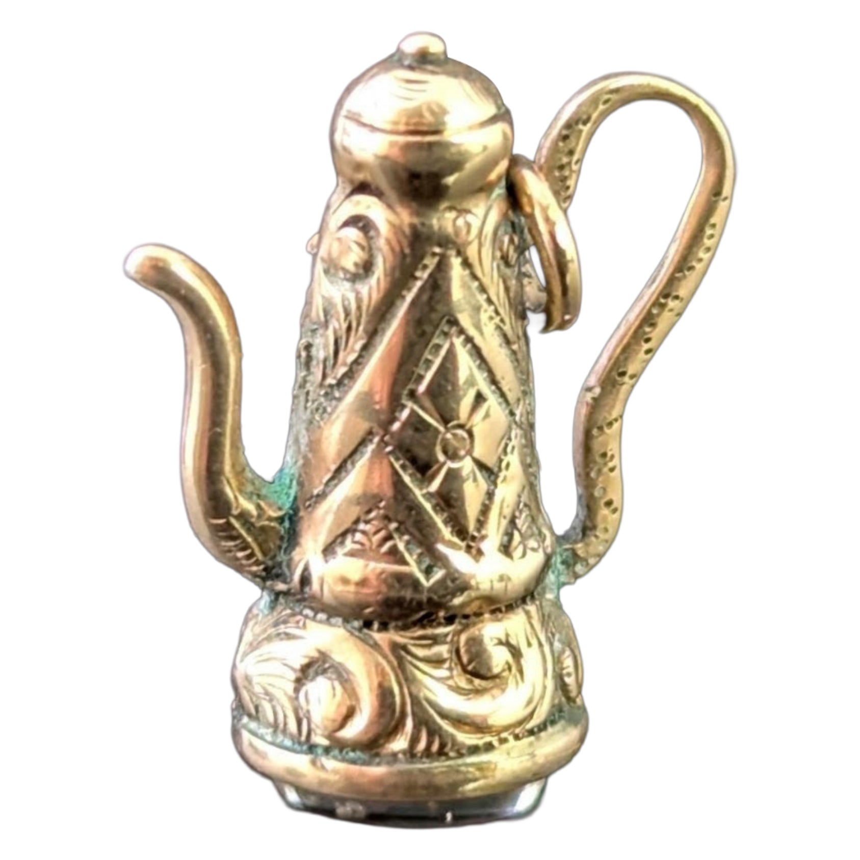 Antique 9k gold coffee pot charm, Pendant, Foiled paste For Sale