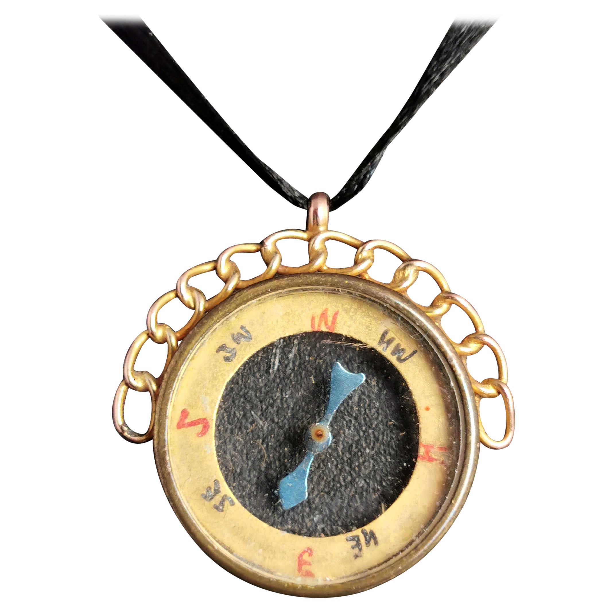 Antique 9k Gold Compass Pendant, Spinning Fob