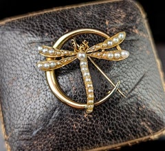 Antique 9k gold Crescent moon and Dragonfly brooch, Pearl