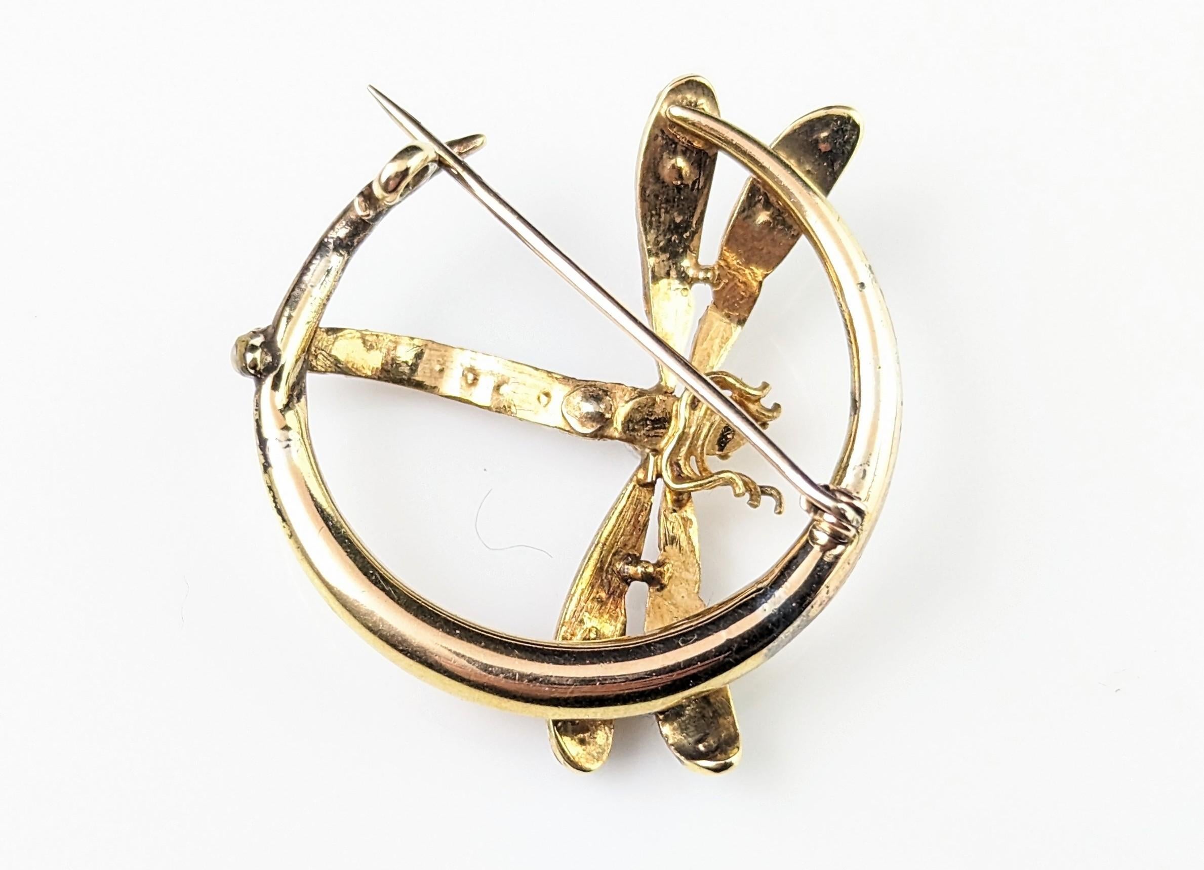Broche ancienne en or 9k Croissant de lune et libellule, Perle Pour femmes en vente