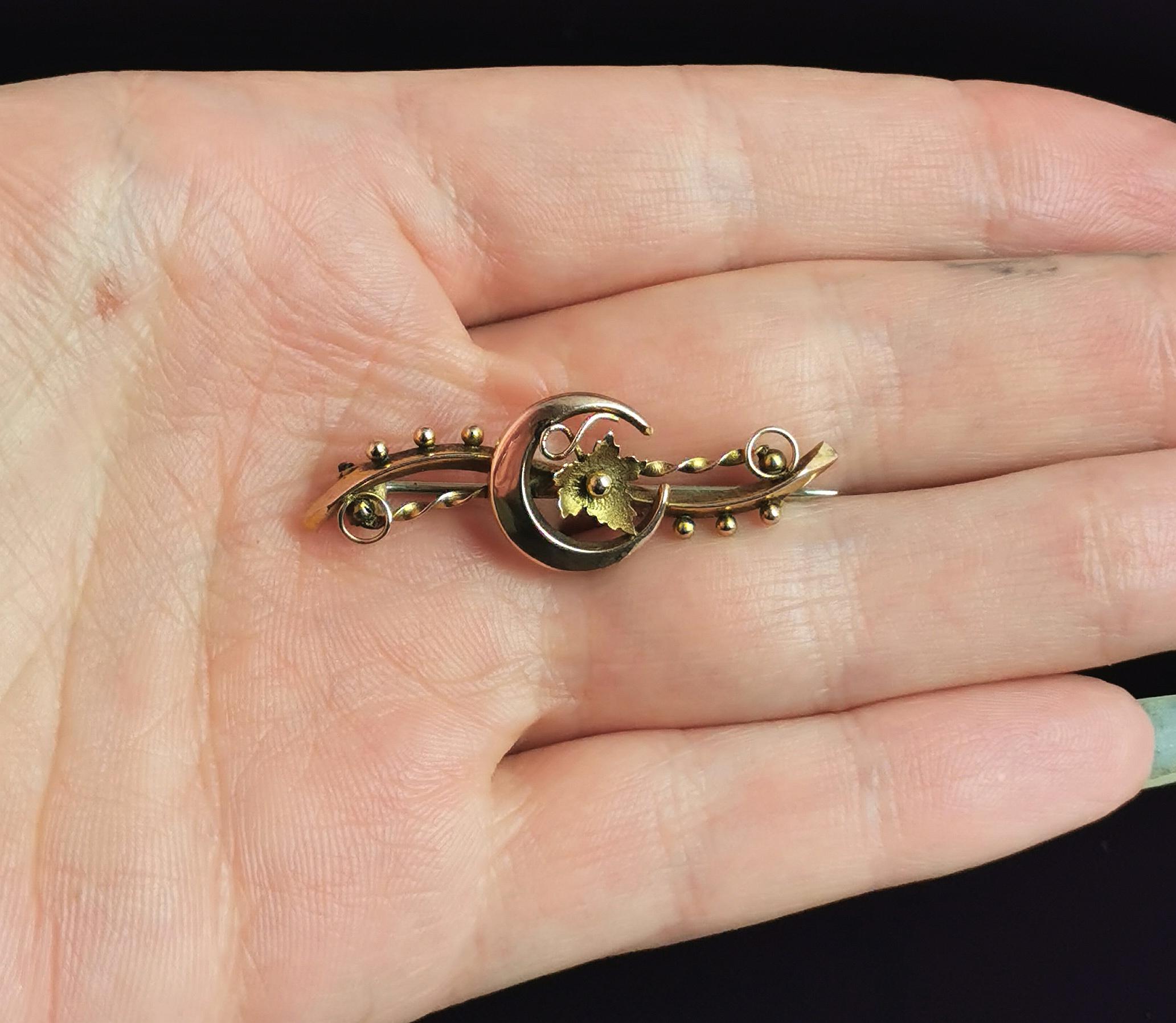 Antique 9k Gold Crescent Moon and Vine Leaf Brooch, Victorian In Fair Condition For Sale In NEWARK, GB
