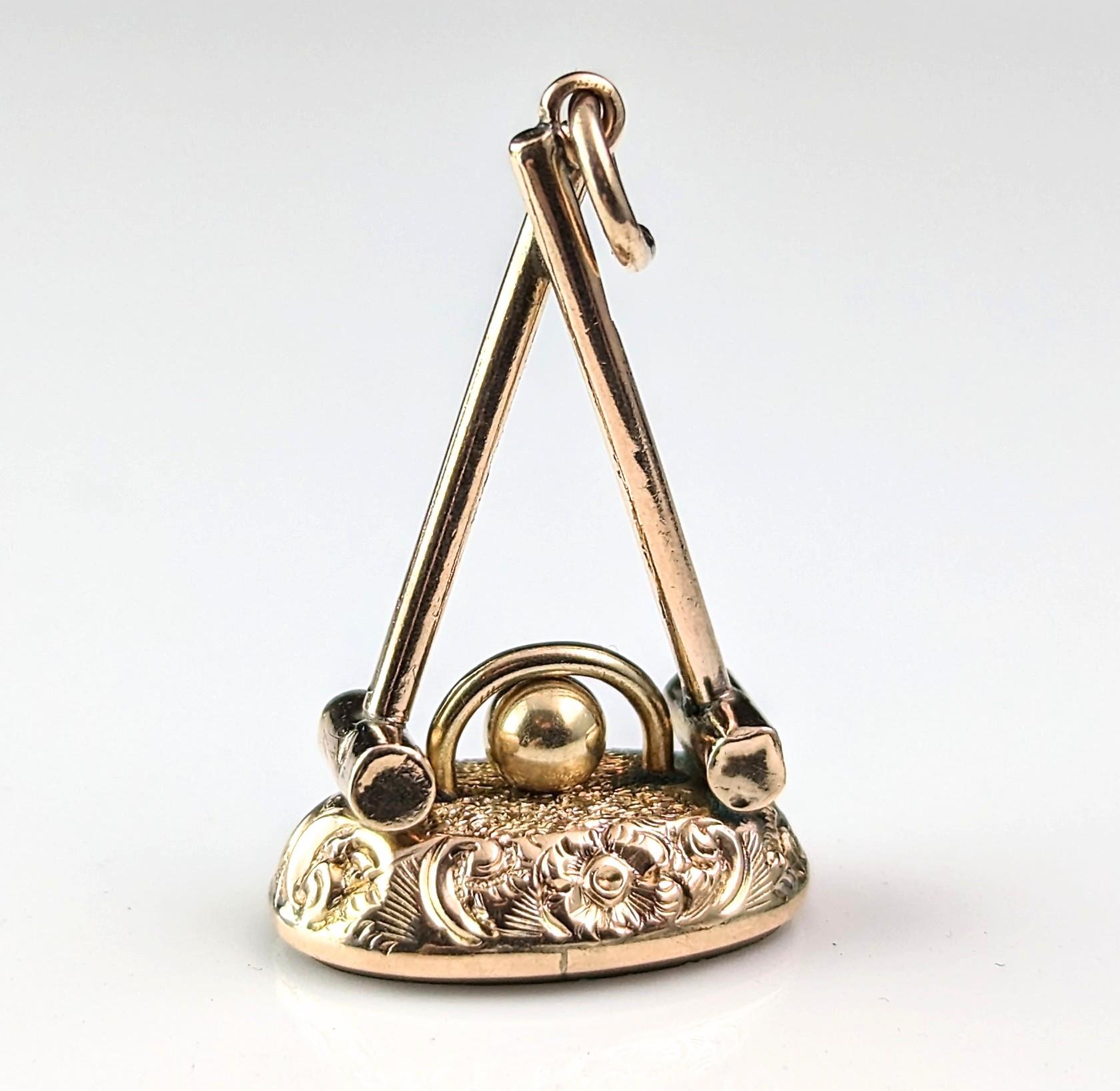 Antique 9k gold Croquet seal fob pendant, Carnelian  For Sale 5