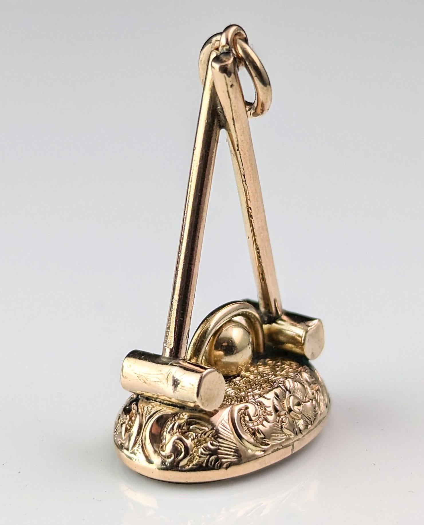 Antique 9k gold Croquet seal fob pendant, Carnelian  For Sale 6