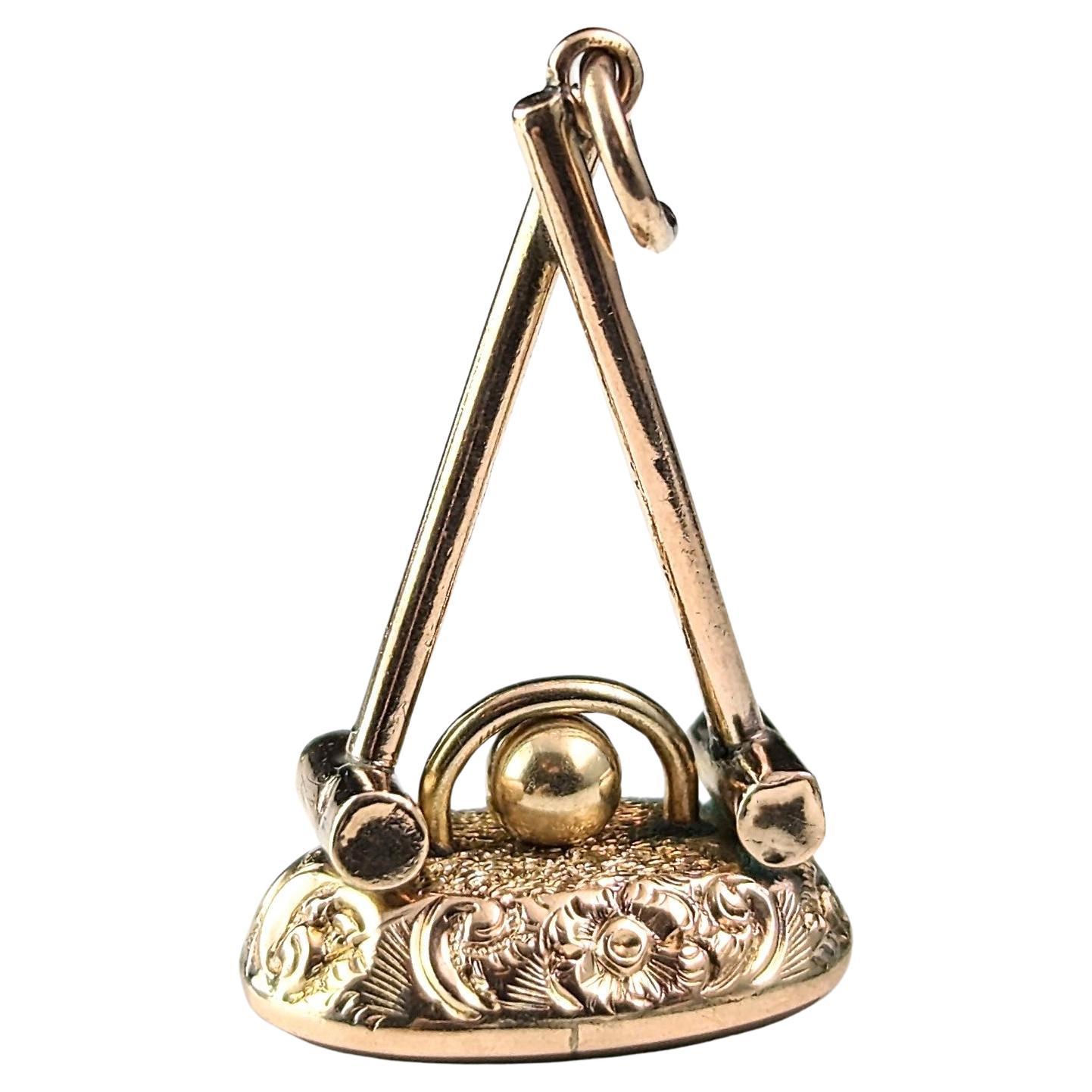 Antique 9k gold Croquet seal fob pendant, Carnelian  For Sale
