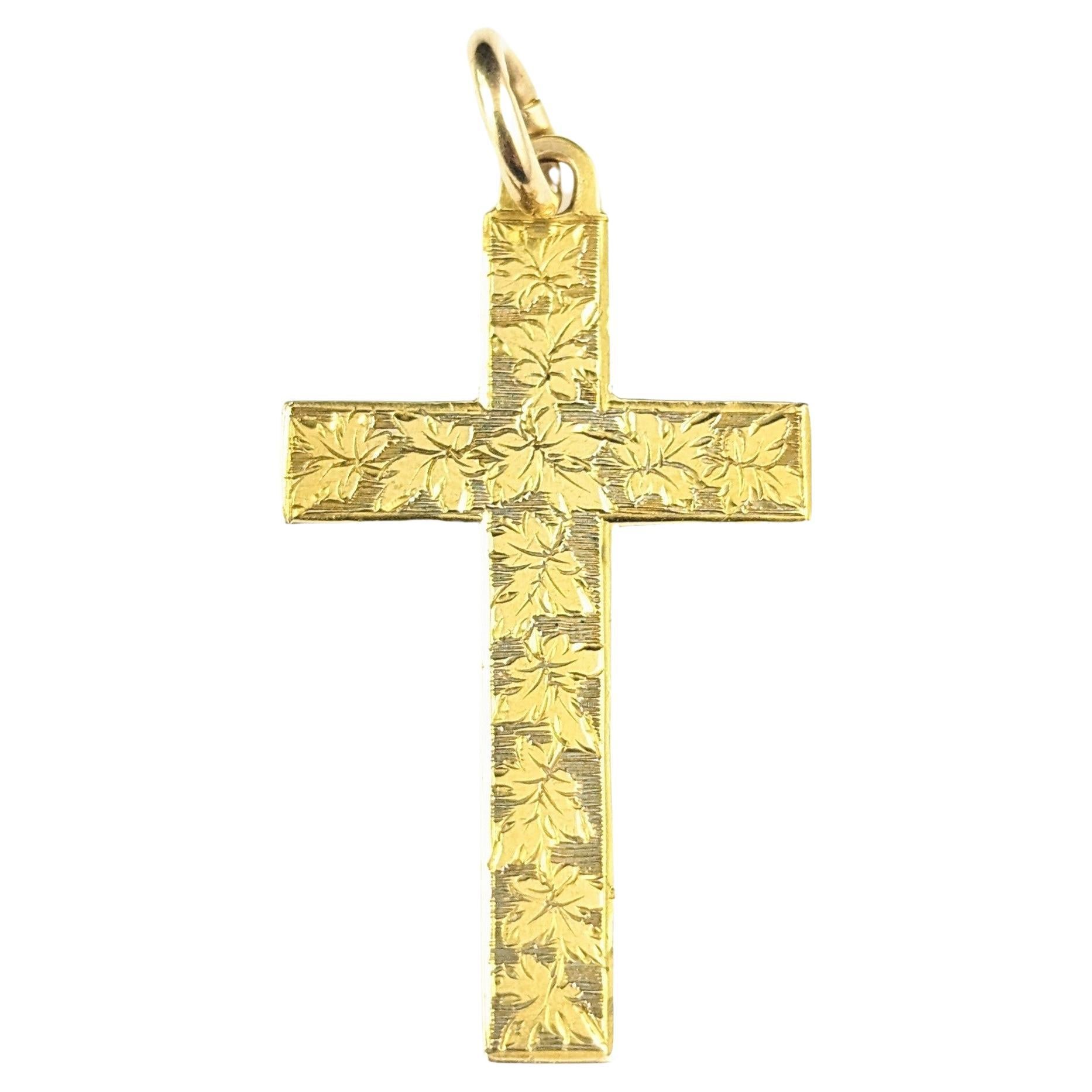 Antique 9k gold cross pendant, Victorian, engraved  For Sale