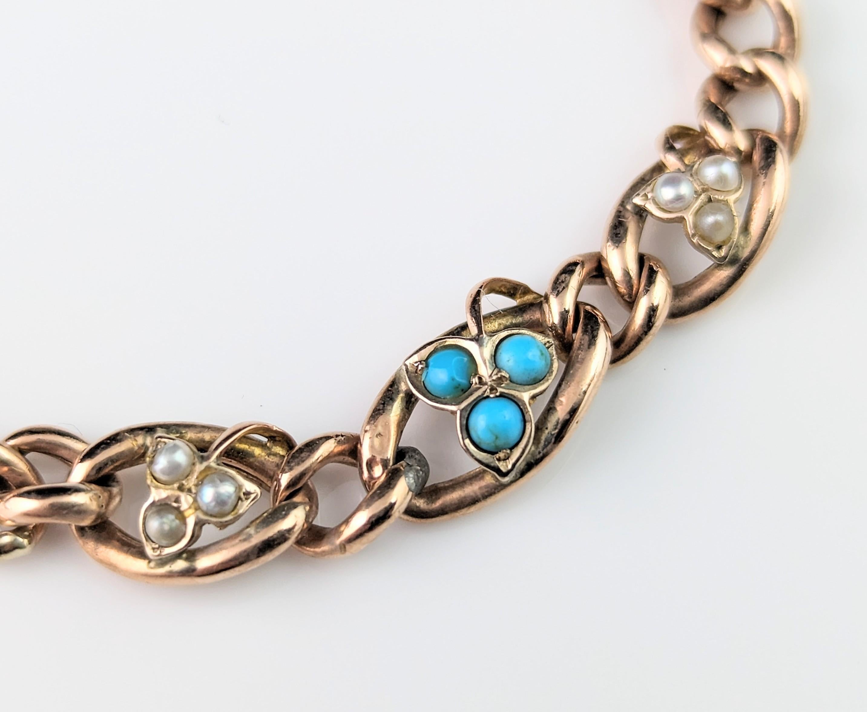 Antique 9k gold curb bracelet, Turquoise and Pearl leaves, Edwardian  For Sale 5