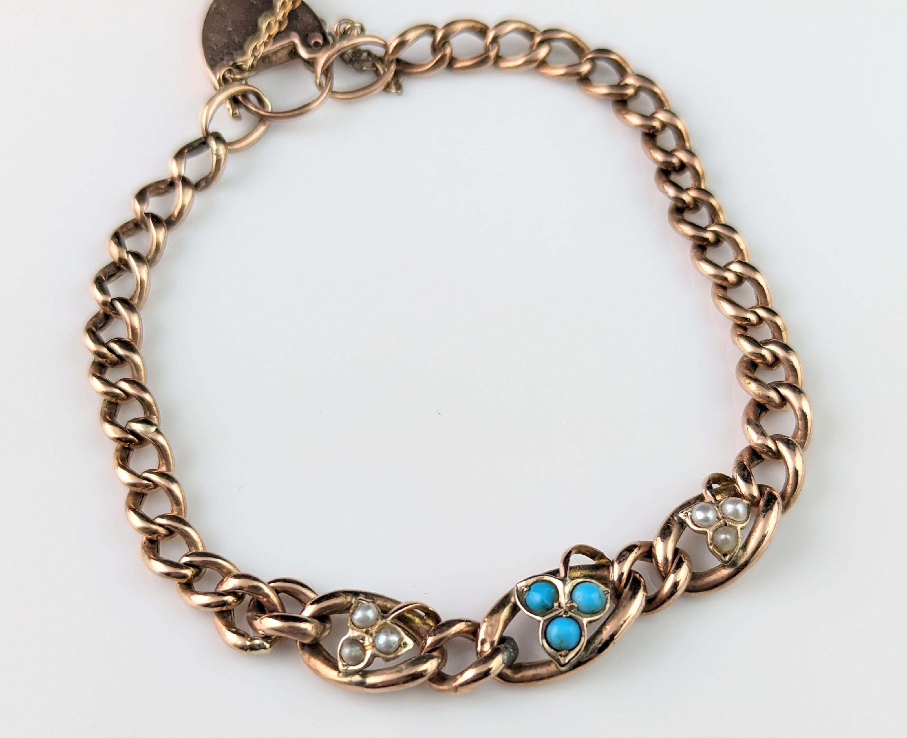 Antique 9k gold curb bracelet, Turquoise and Pearl leaves, Edwardian  For Sale 7