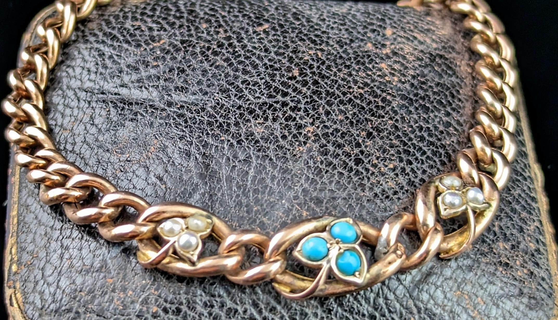 Antique 9k gold curb bracelet, Turquoise and Pearl leaves, Edwardian  For Sale 1