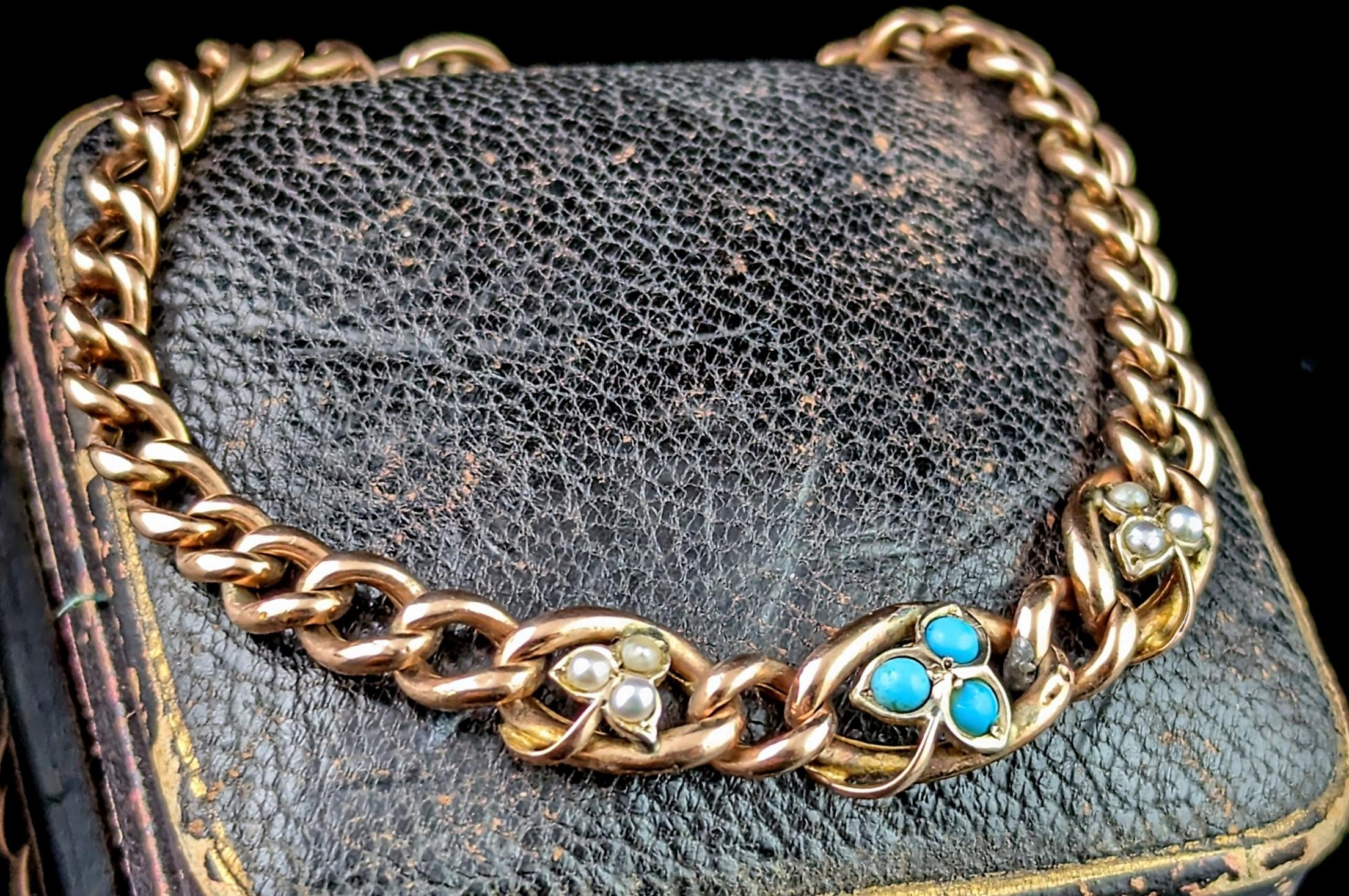 Antique 9k gold curb bracelet, Turquoise and Pearl leaves, Edwardian  For Sale 2