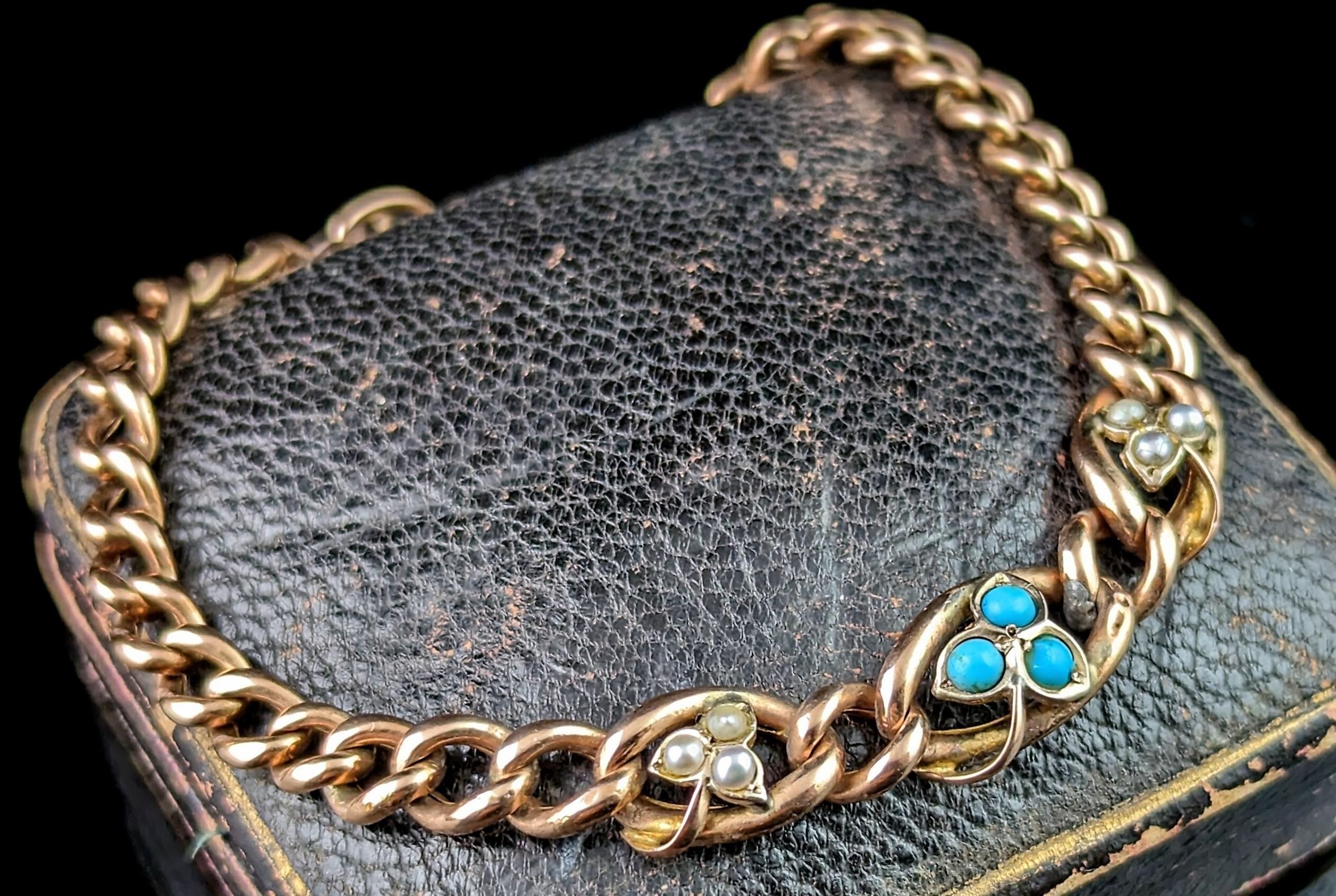 Antique 9k gold curb bracelet, Turquoise and Pearl leaves, Edwardian  For Sale 3