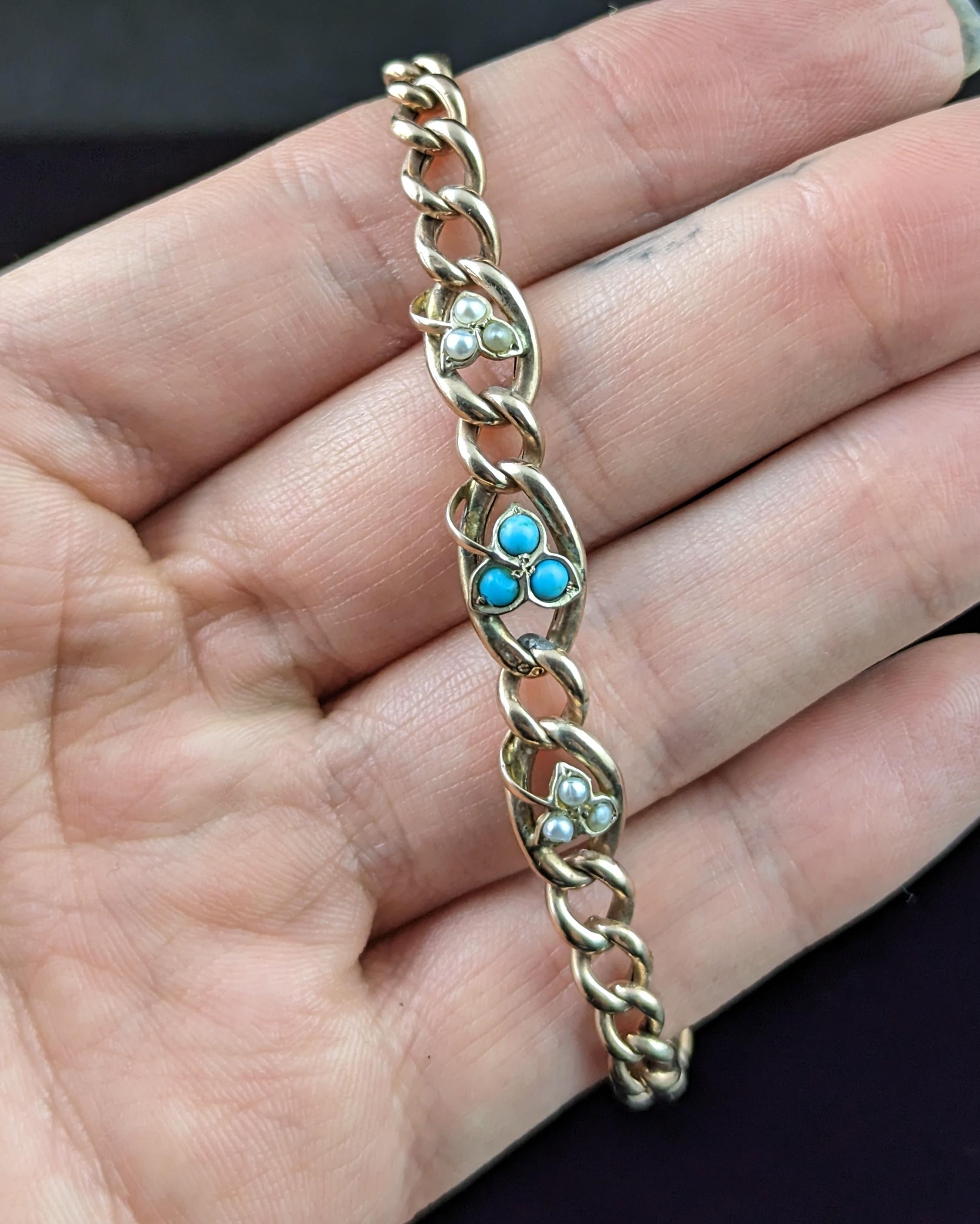 Antique 9k gold curb bracelet, Turquoise and Pearl leaves, Edwardian  For Sale 4