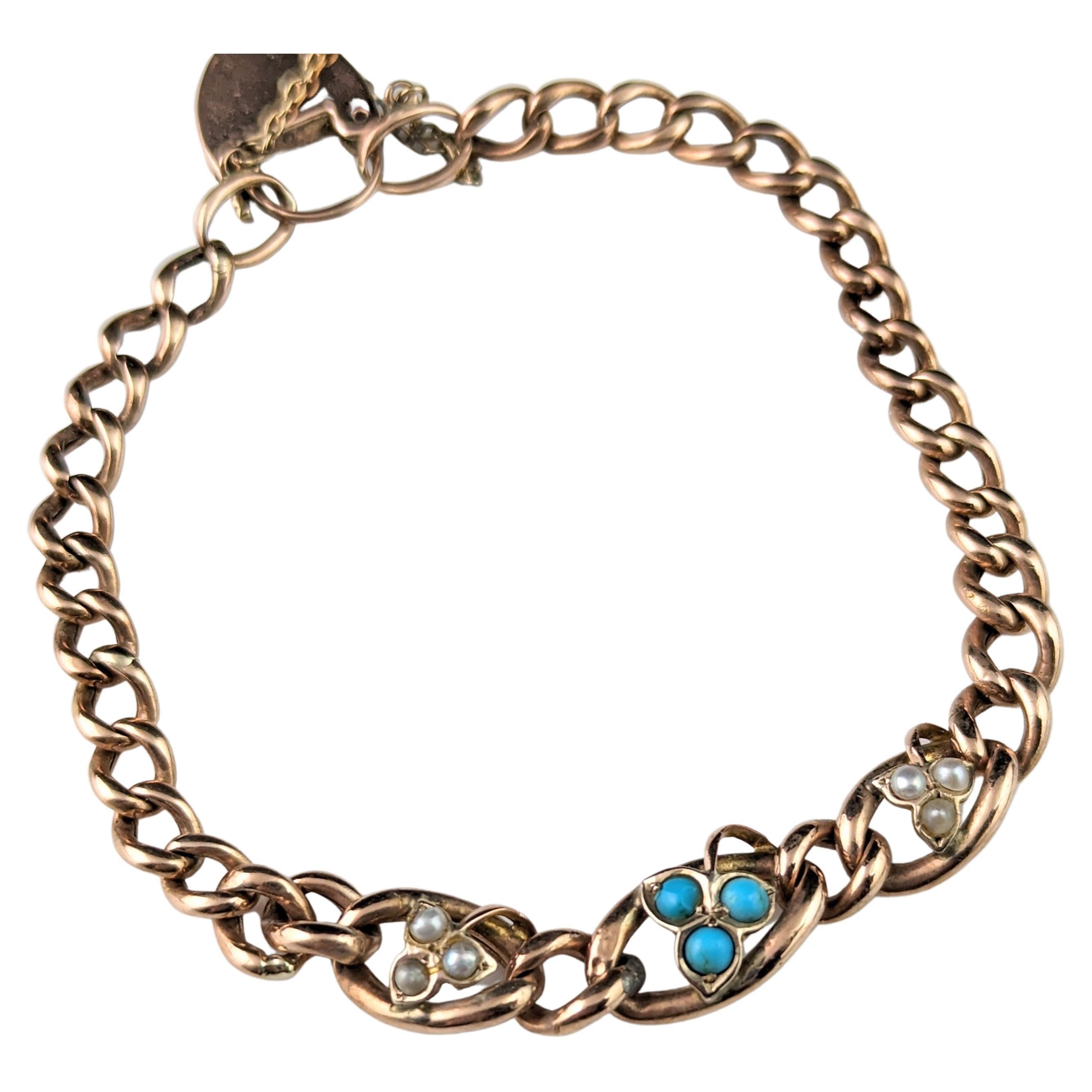 Antique 9k gold curb bracelet, Turquoise and Pearl leaves, Edwardian 