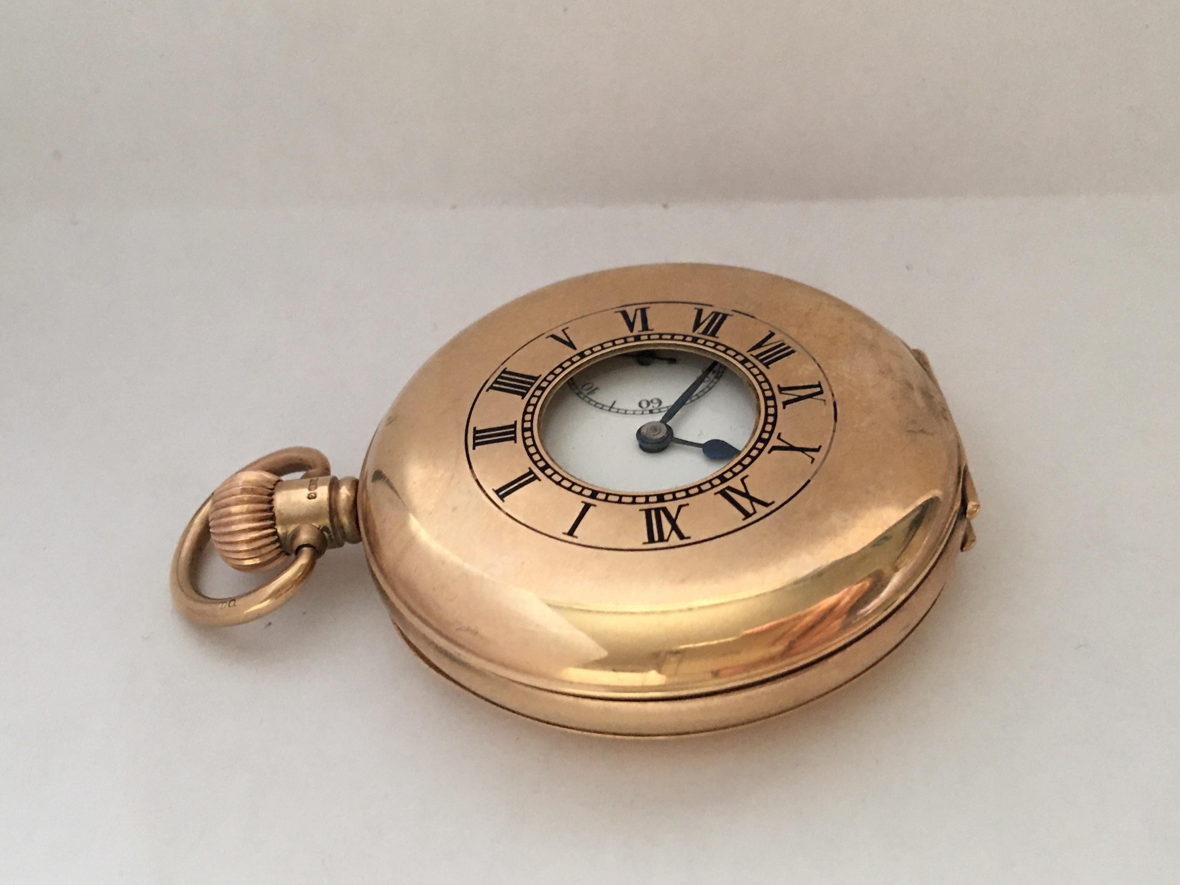 This beautiful 49mm antique gold Watch is working and it is ticking well. The small glass on the top cover case is missing. This watch weighed 87.7 grams. 

Please study the images carefully as form part of the description.