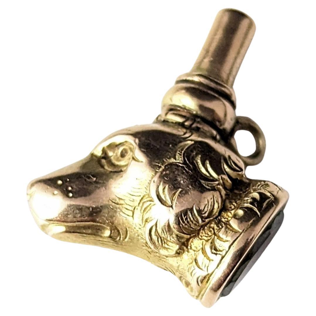 Antique 9k gold Dog watch key fob, Citrine, Victorian 
