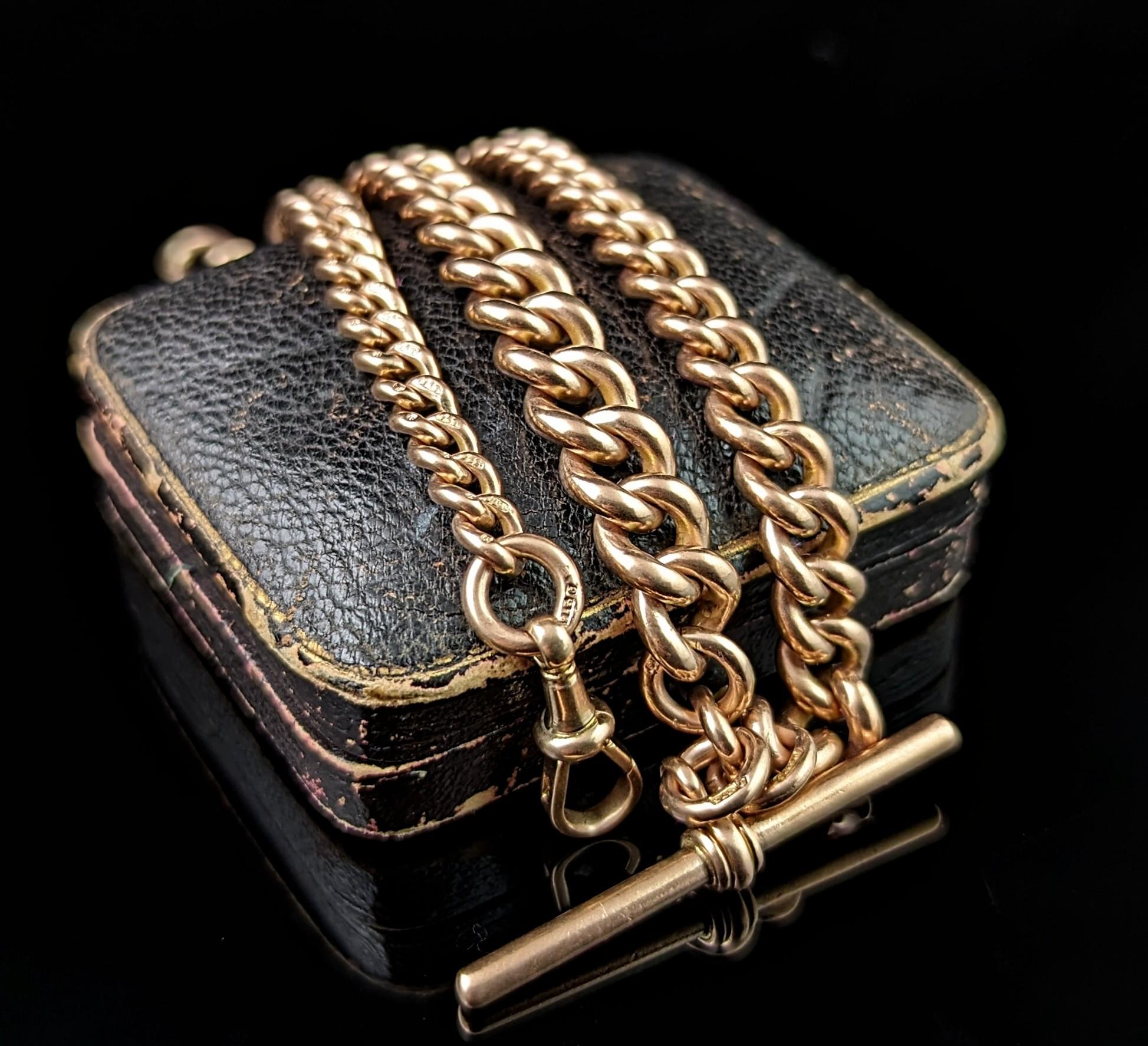 Antique 9k gold double Albert chain, watch chain necklace, Heavy  For Sale 8