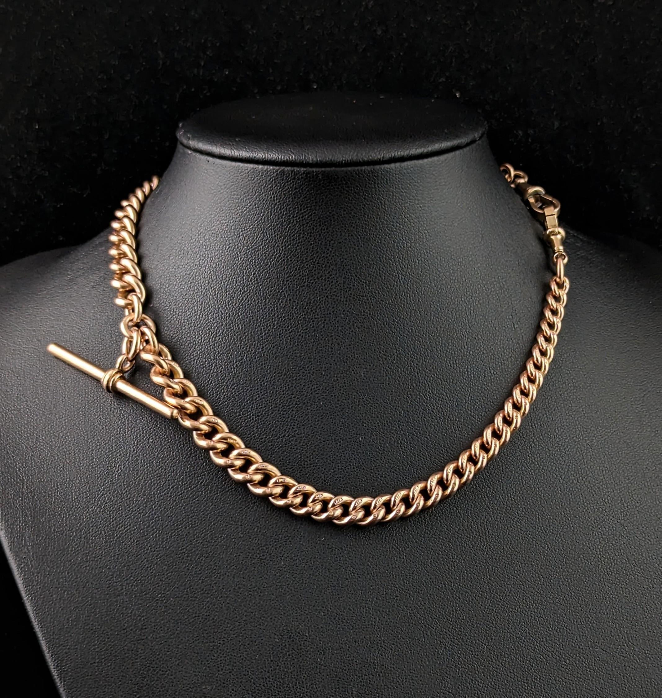 Women's or Men's Antique 9k gold double Albert chain, watch chain necklace, Heavy  For Sale