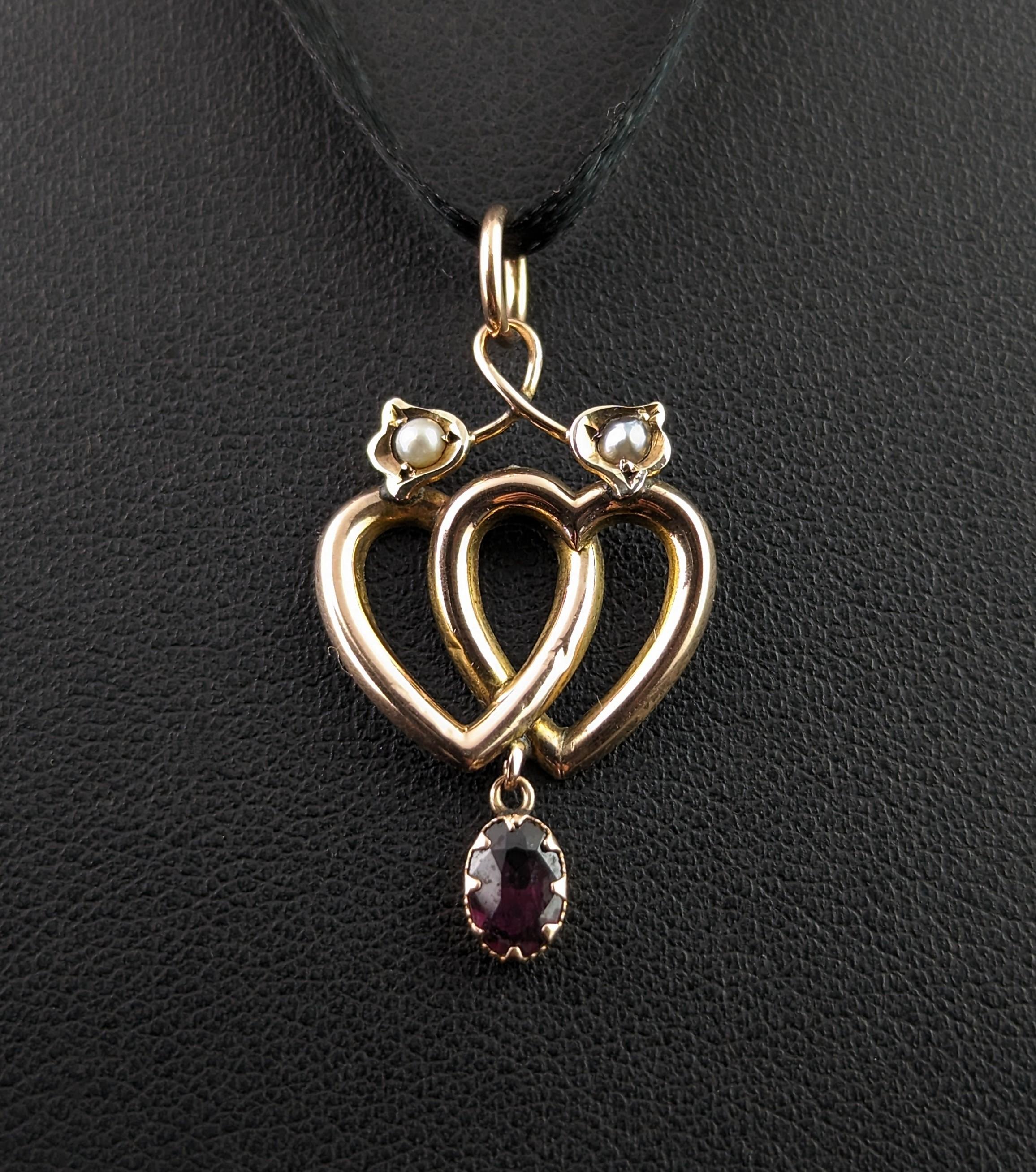 Oval Cut Antique 9k gold Double heart dropper pendant, Garnet and pearl 