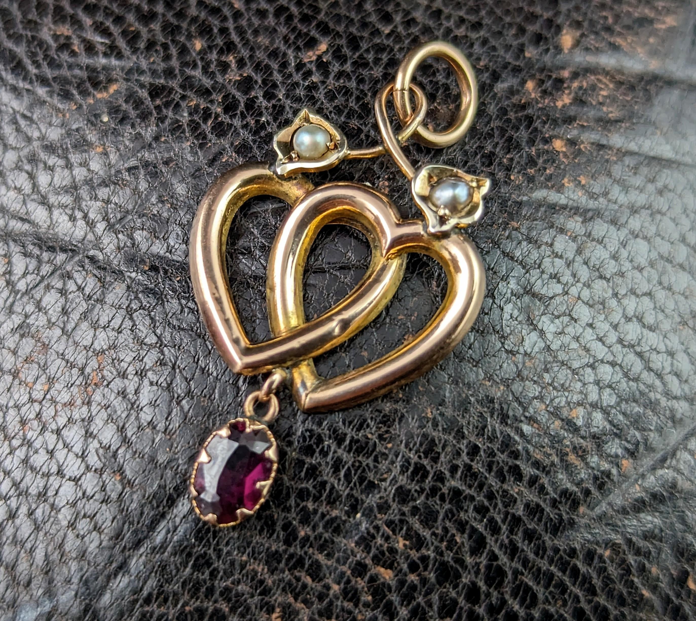 Women's Antique 9k gold Double heart dropper pendant, Garnet and pearl 
