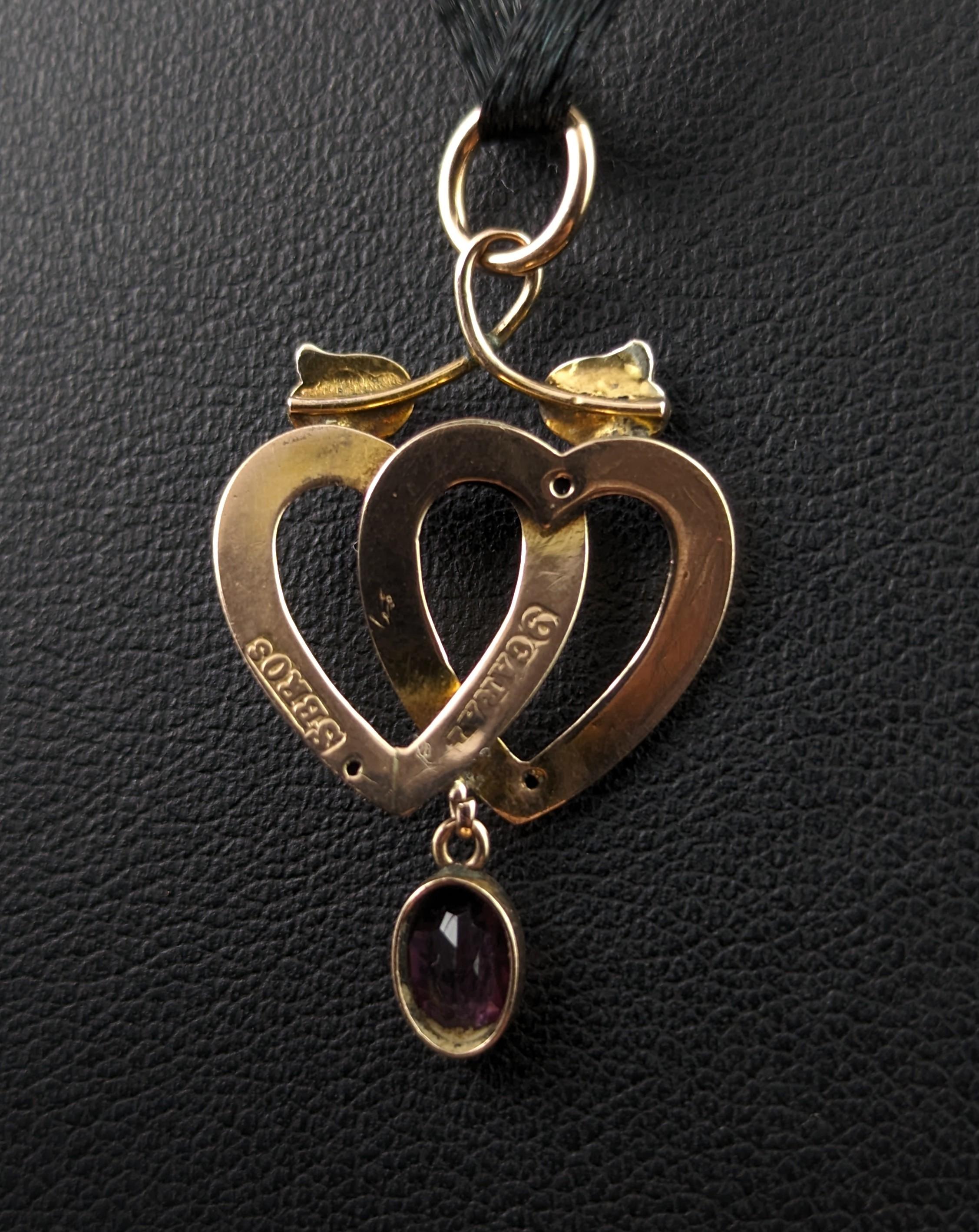 Antique 9k gold Double heart dropper pendant, Garnet and pearl  2