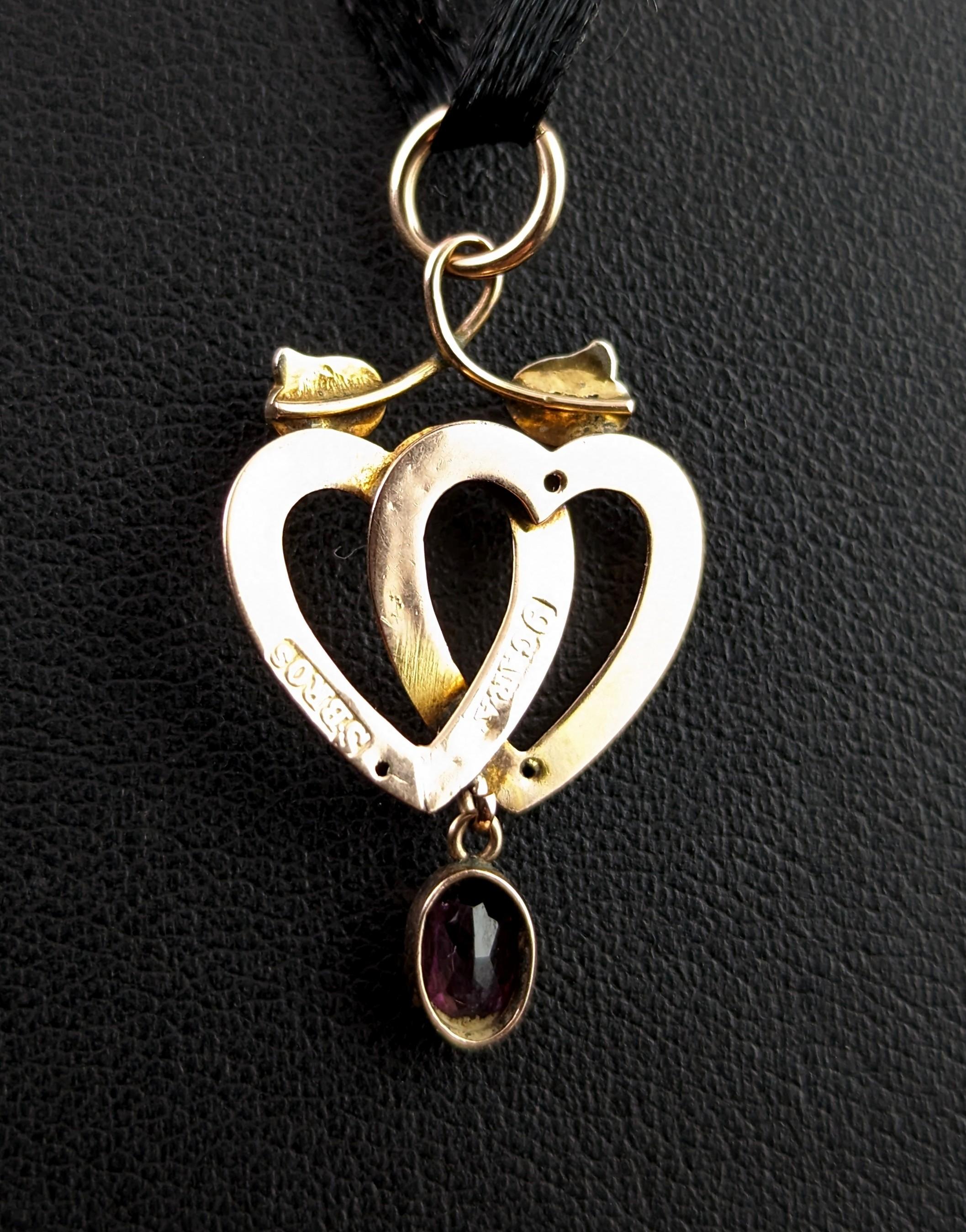 Antique 9k gold Double heart dropper pendant, Garnet and pearl  3