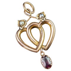 Antique 9k gold Double heart dropper pendant, Garnet and pearl 
