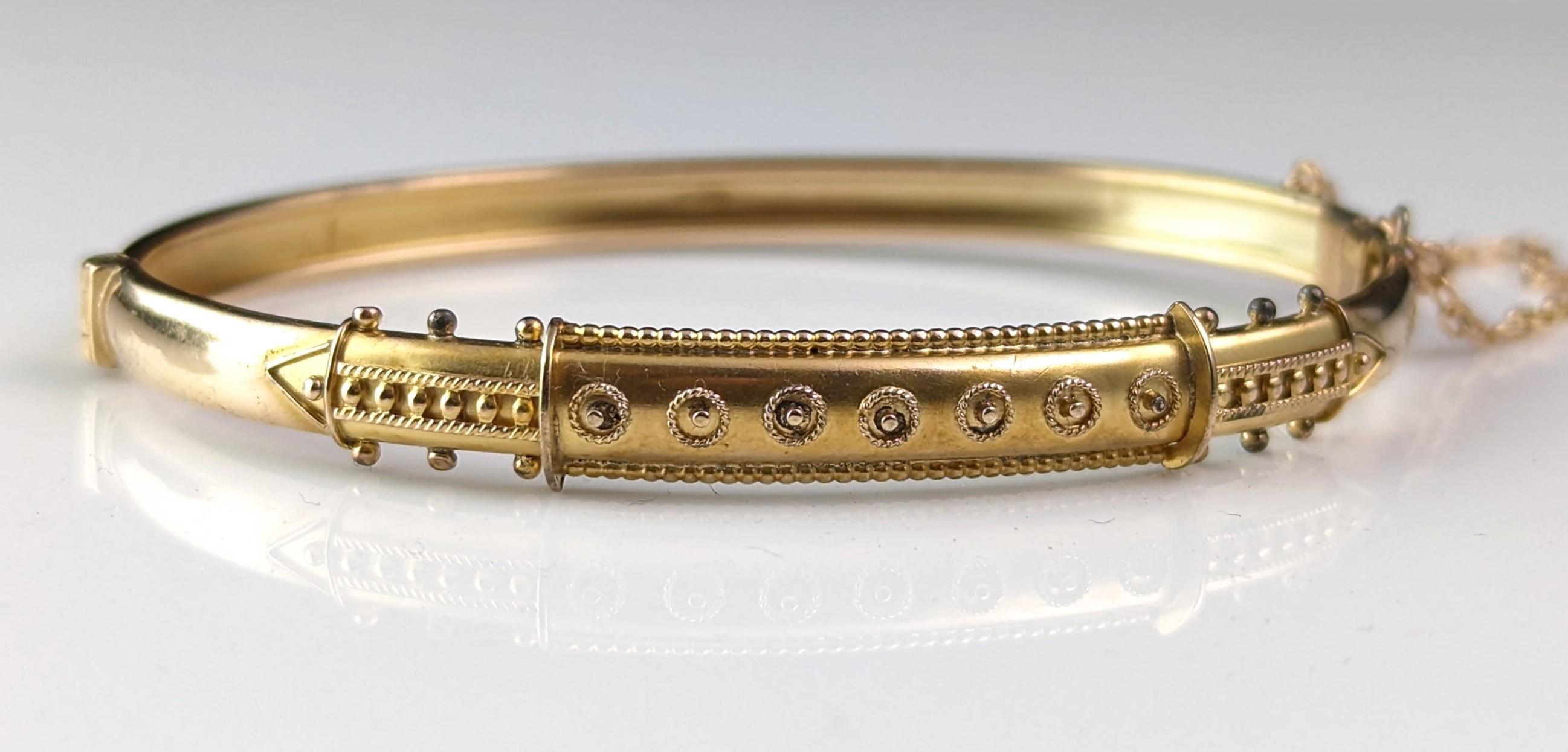 Antique 9k gold Etruscan revival bangle, Victorian, Cannetille  5
