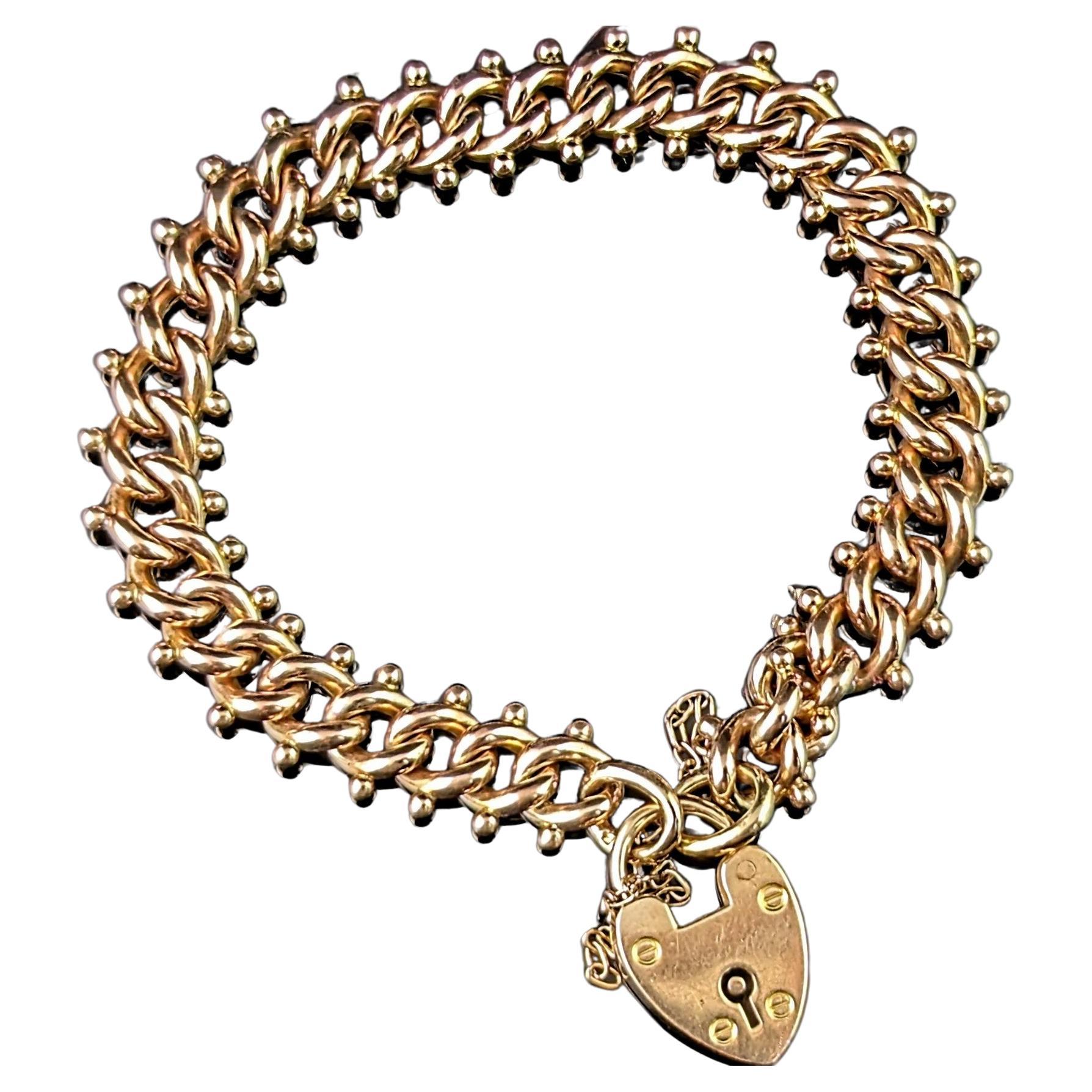 Antique 9k gold fancy curb link bracelet, Edwardian 