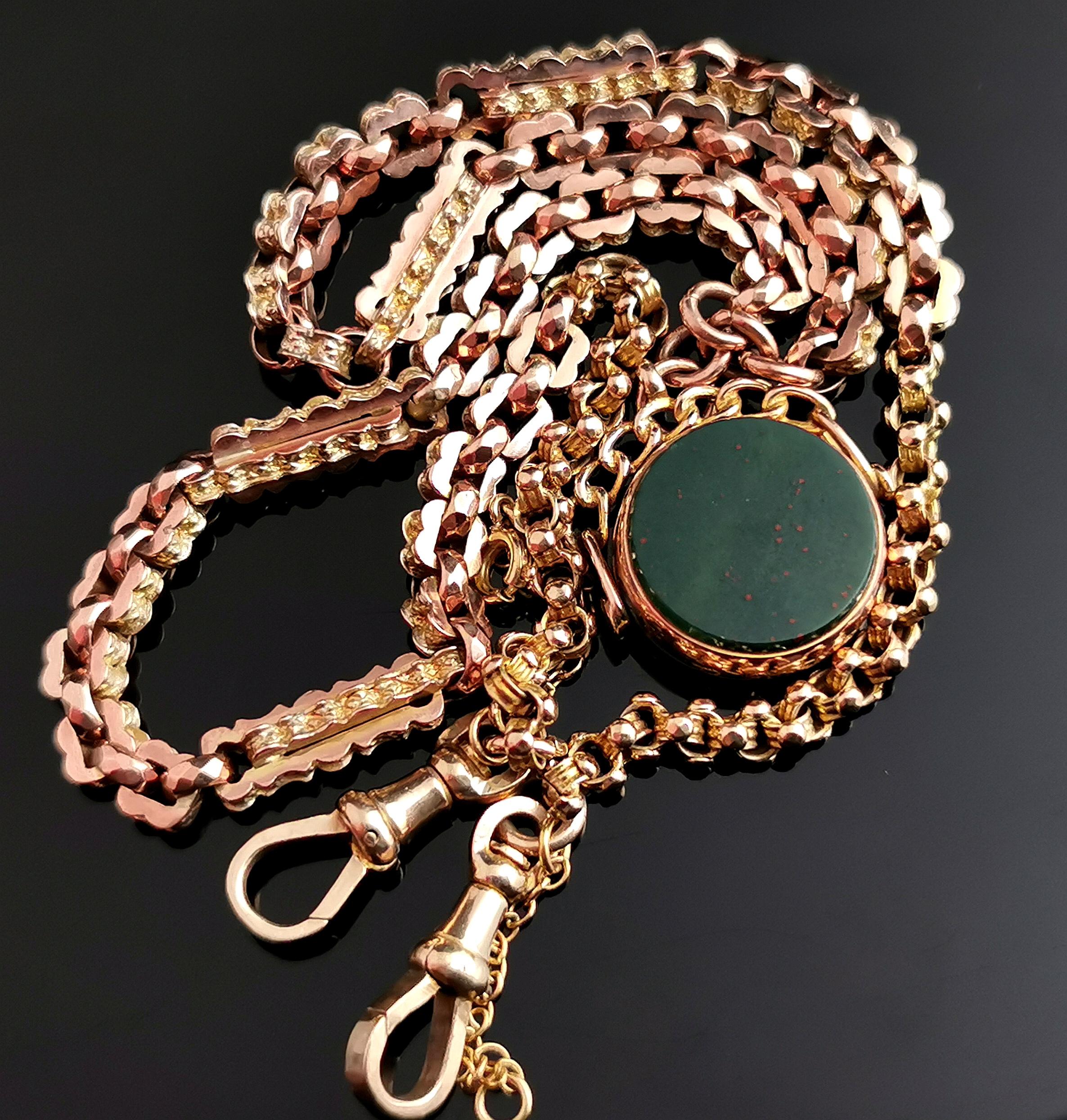 Women's or Men's Antique 9k Gold Fancy Link Albert Chain, Watch Chain Necklace, Spinning Fob