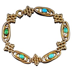 Antique 9k Gold Fancy Link Bracelet, Turquoise, Edwardian