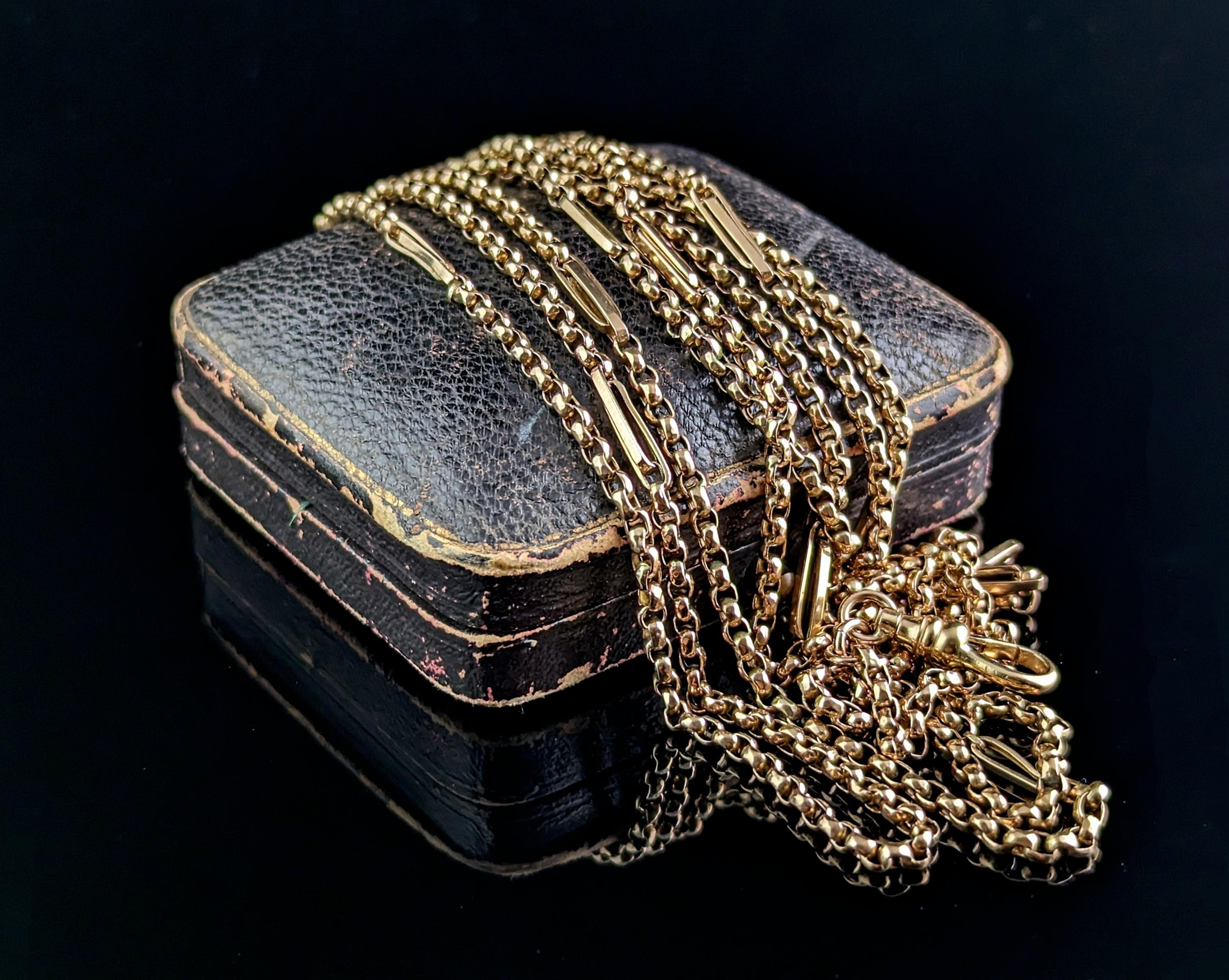 This stunning antique, Victorian 9kt yellow gold, fancy link longuard chain is the perfect versatile piece for your antique jewellery wardrobe.

We love a good long chain here, such a fresh and wearable piece of jewellery, this one is no