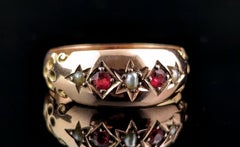 Antique 9k gold gypsy set ring, Pearl and Red Paste, Edwardian