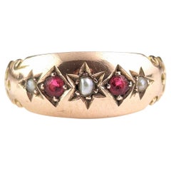 Antique 9k gold gypsy set ring, Pearl and Red Paste, Edwardian 