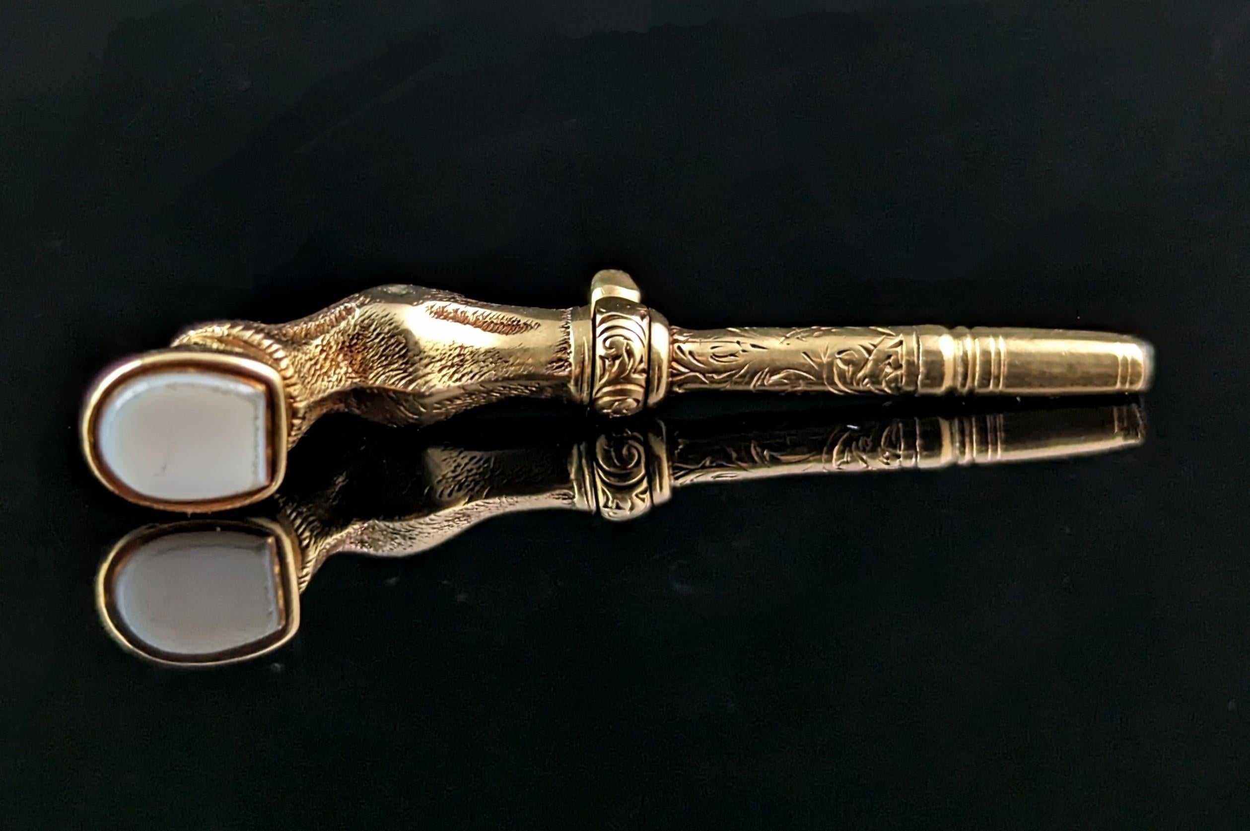 Antique 9k gold Horse Hoof watch key, Fob pendant, Chalcedony  5