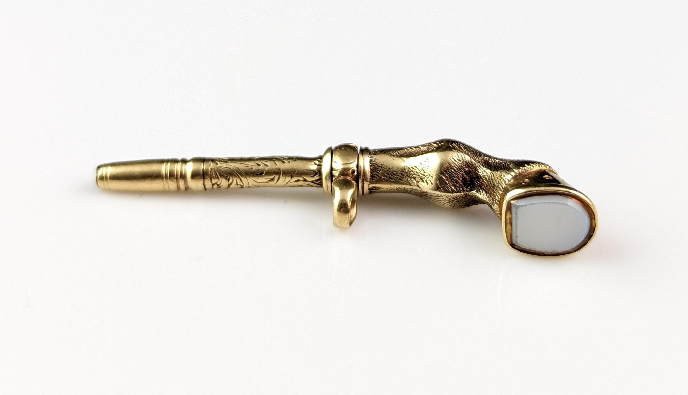 Antique 9k gold Horse Hoof watch key, Fob pendant, Chalcedony  10
