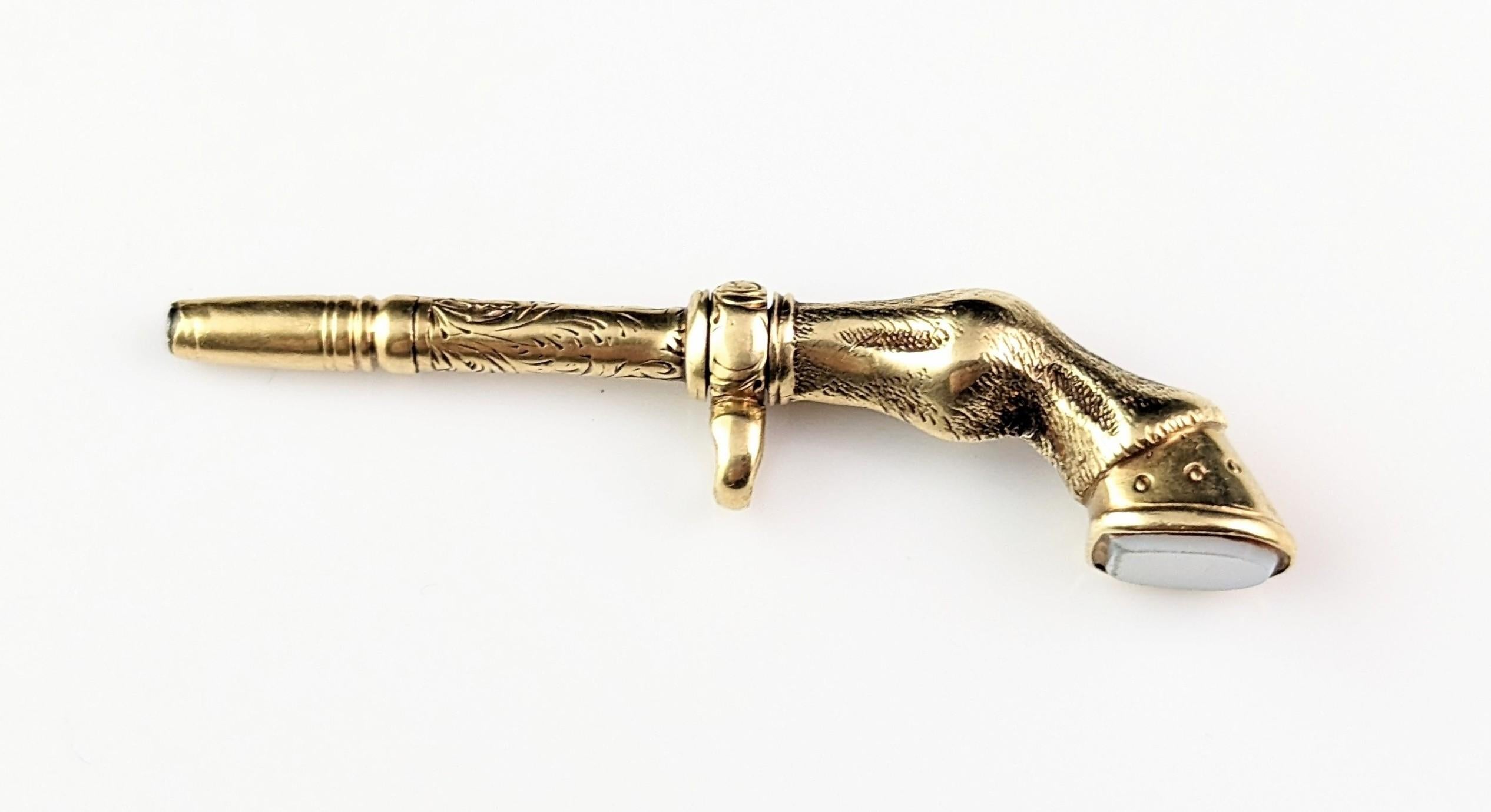 Antique 9k gold Horse Hoof watch key, Fob pendant, Chalcedony  11