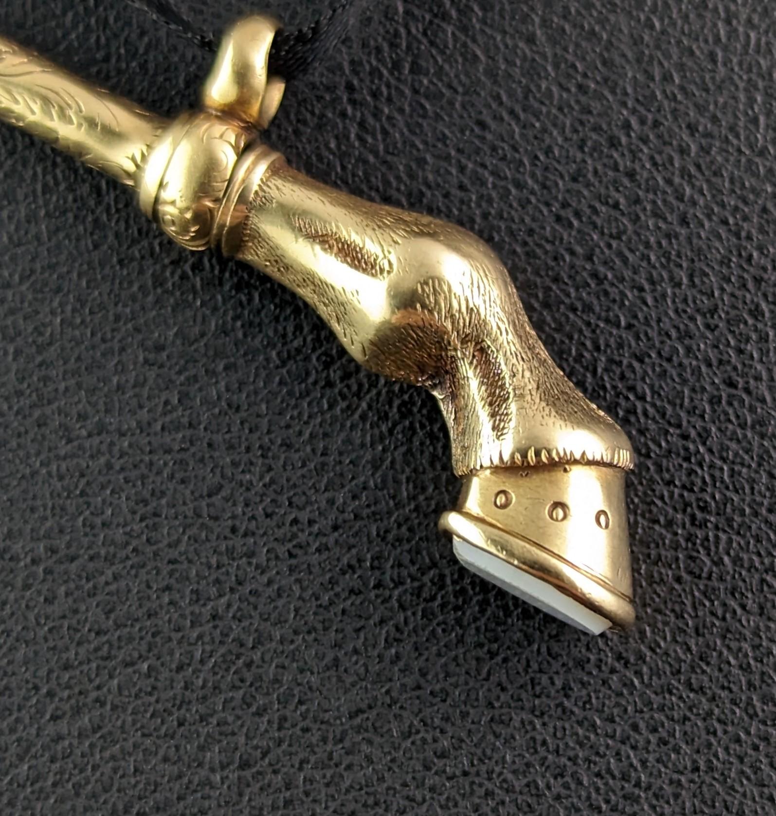 Women's or Men's Antique 9k gold Horse Hoof watch key, Fob pendant, Chalcedony 