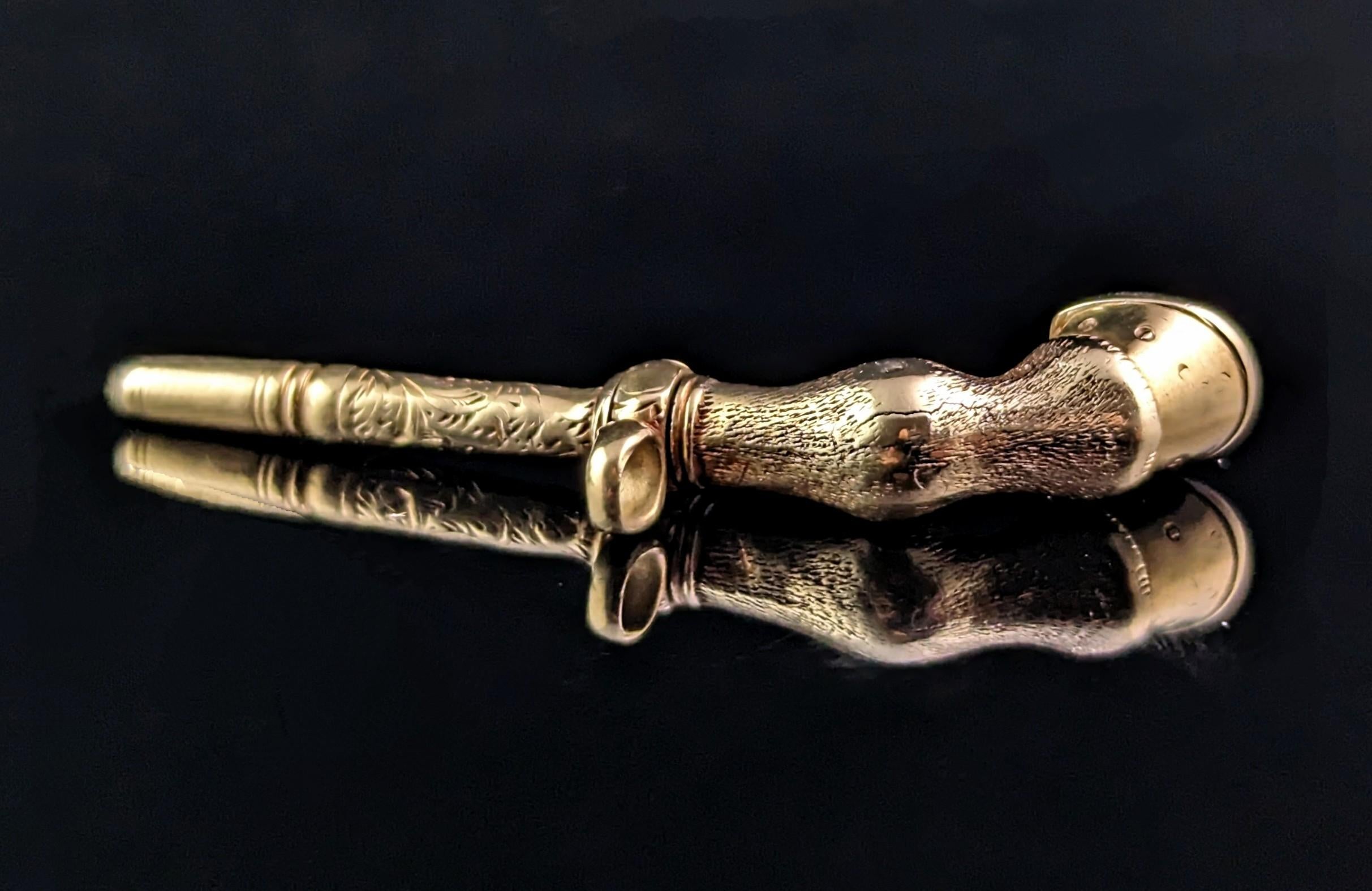 Antique 9k gold Horse Hoof watch key, Fob pendant, Chalcedony  1