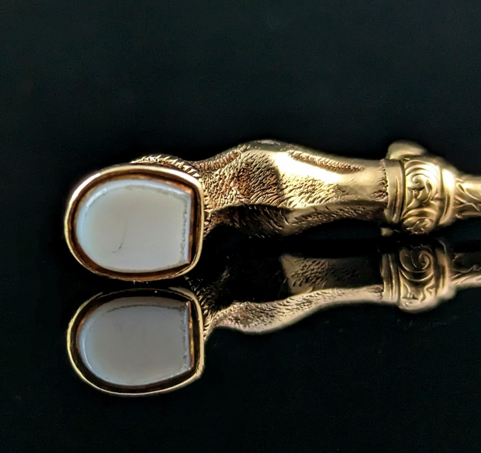 Antique 9k gold Horse Hoof watch key, Fob pendant, Chalcedony  3